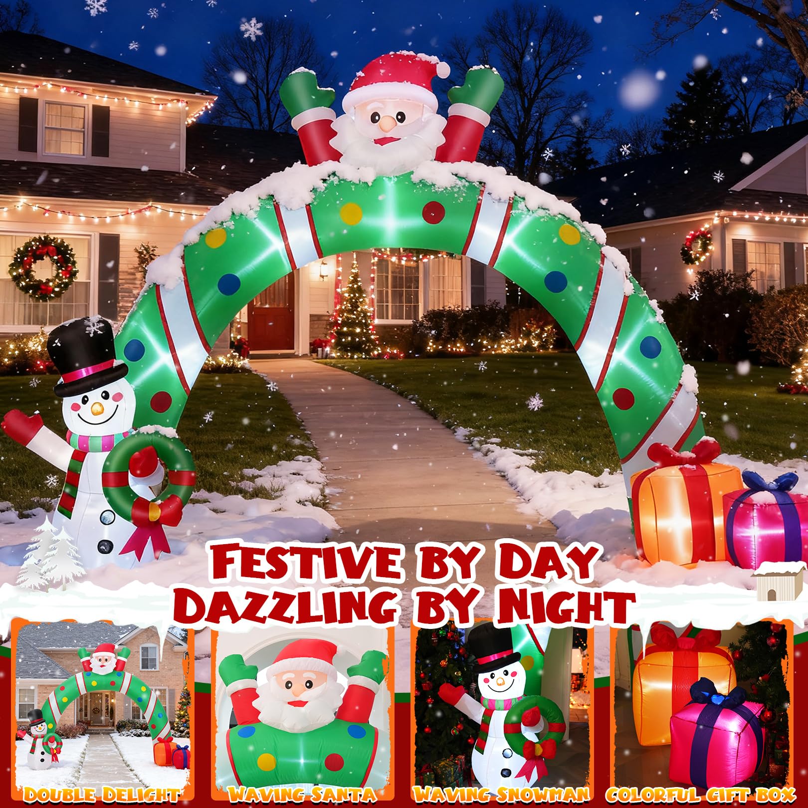 Arche gonflable de Noël de 3 m - Décoration extérieure géante - Père Noël - Avec bonhomme de neige et boîte cadeau - Effet d'éclairage LED en croix intégré pour Noël, fête, cour, jardin, pelouse
