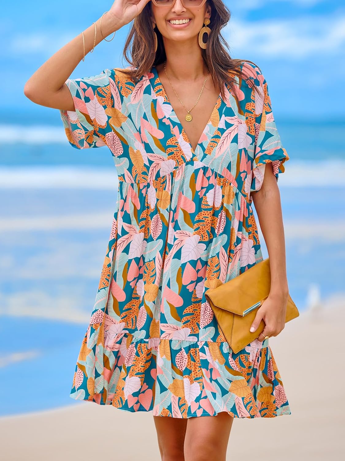 CUPSHE Women's Mini Dress V Neck Tropical Short Sleeve Loose Fit Ruffled Short Summer Beach Dress - Image 7