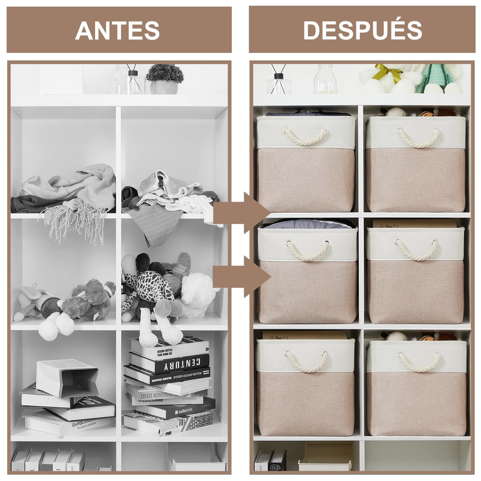 Juego de 6 cajas de almacenamiento cúbicas 30x30 cm de tela, con asas de cuerda de algodón, para organizar ropa, habitación infantil y hogar (Caqui/Blanco)