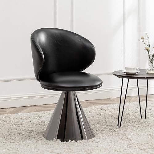 Art Leon Swivel Barrel Chair, Modern Swivel Accent Chair with Cone Metal Base, Faux Leather Upholstered Armless Side Chair for Living Room Dining