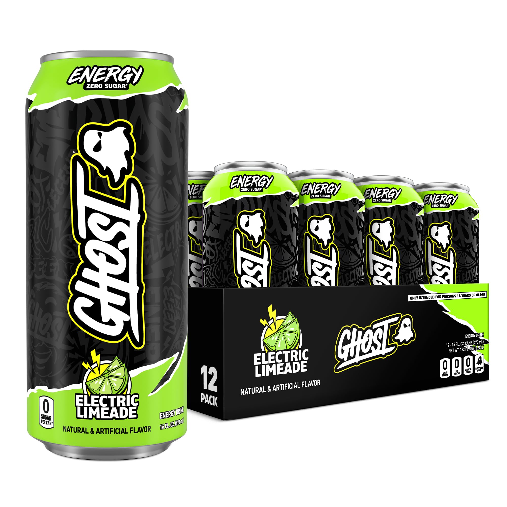 GHOST Energy Drink, Zero Sugars, 12-Pack, Electric Limeade, 16oz | Energy & Focus Pre Workout Drink, No Artificial Colors, Gluten-Free, Vegan - 200MG Natural Caffeine, L-Carnitine, Taurine