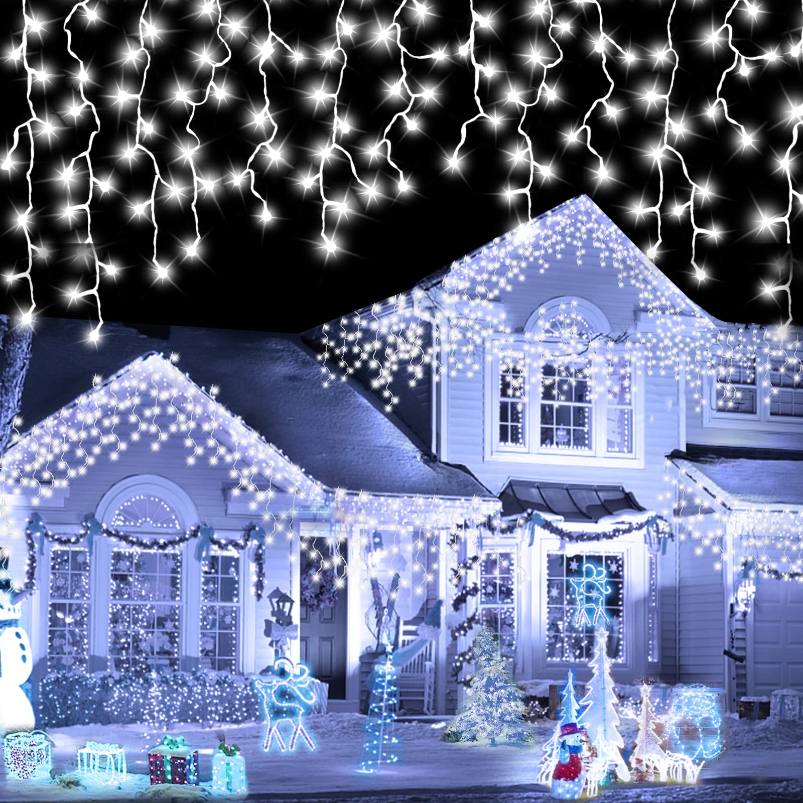 Photo 1 of TURNMEON 315 LED Icicle Christmas Lights Decoration Outdoor,19.6 Ft 8 Modes Curtain Fairy String 60 Drops Dripping Ice Cycle Holiday Xmas Decor Home Indoor Window Eaves Garden (White) White 315 LED
