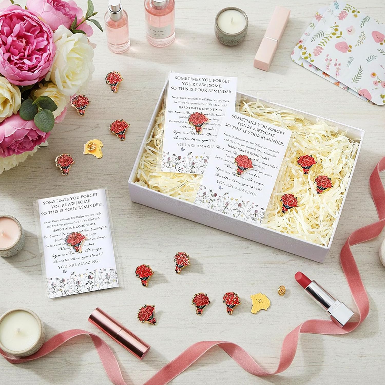 Landical Inspirational Gifts Bulk Flowers Bouquet Enamel Pin Motivational Cards Awesome Floral Pin for Women Employee