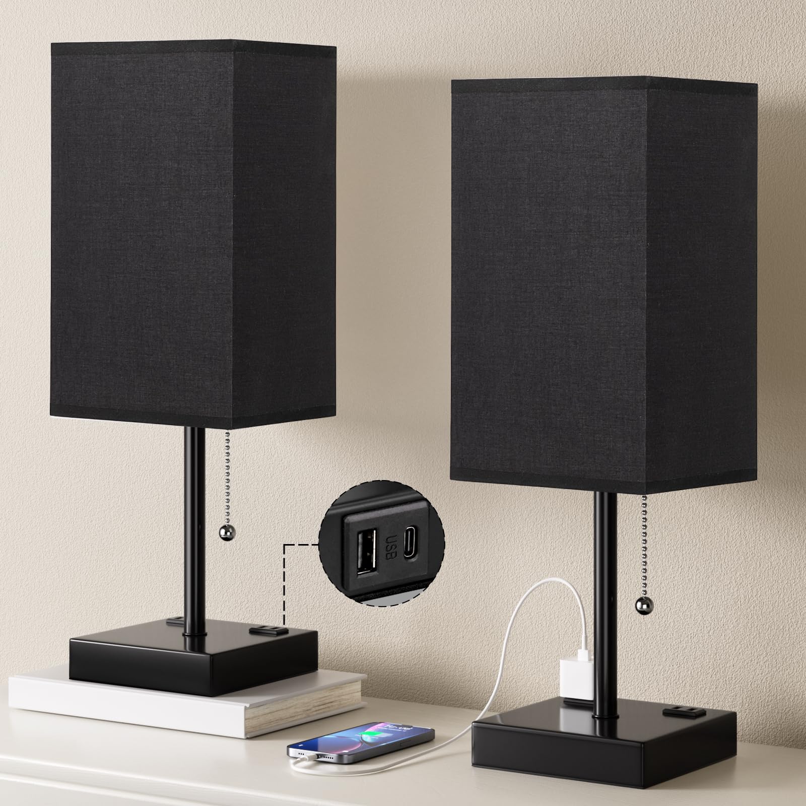 Plus Black Bedside Table Lamps Set of 2 - Bedroom Lamps with 3 Colors (3000K/5000K/4000K), Square Nightstand Lamp with USB C + A Charging Ports And 2