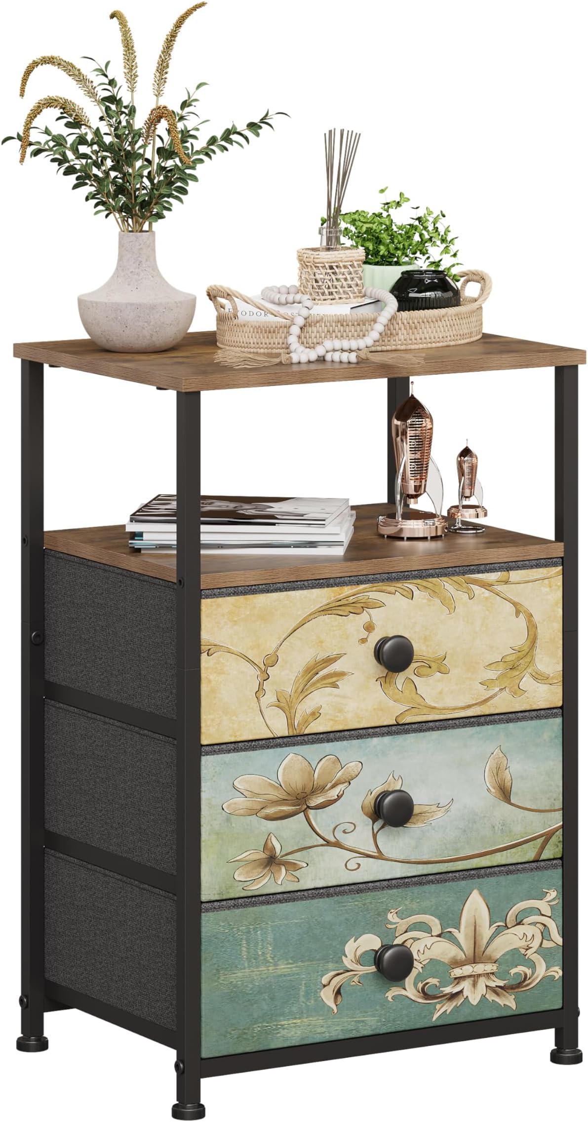 VEDECASA Chest of Drawers with Open Shelf 3 Drawers Dresser for Bedroom Vintage Bedside Table Nightstand Cabinet for Living Room Sofa Couch Closet Wood Top Metal Frame Easy to AssembleThe Forest Stewardship Council