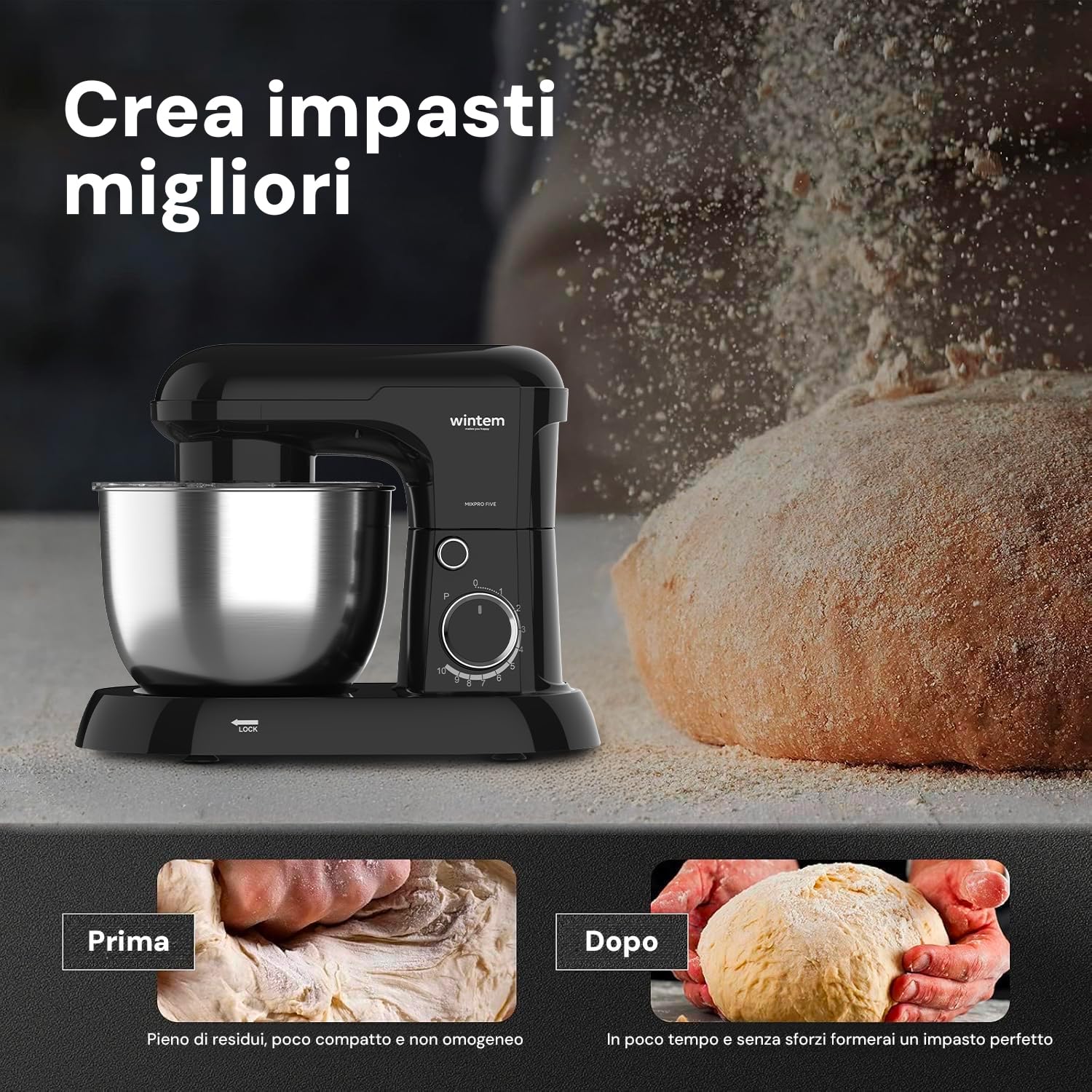 Avilia Impastatrice Planetaria con Ciotola in Acciaio 5L Nero 1500W - 10 Velocità Regolabili - Classe di Protezione II - Include Gangio ad Uncino, Frusta e Battitore - Funzionamento Silenzioso