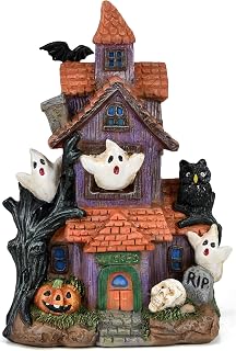 Gift Boutique 9 Inch Halloween Haunted House Figurine with Bat Ghost Pumpkin Resin Village Indoor Outdoor Party Table Display Decorations