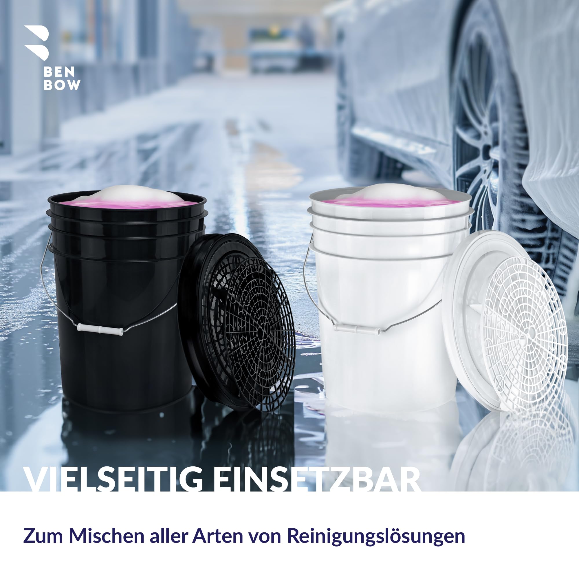 BenBow kit de Lavage Auto : 2 seaux de 20 litres avec 2 grilles de Lavage filtrantes et 2 couvercles de Seau - idéal pour Un Nettoyage Efficace et sans Rayures - de Lavage à Deux seaux