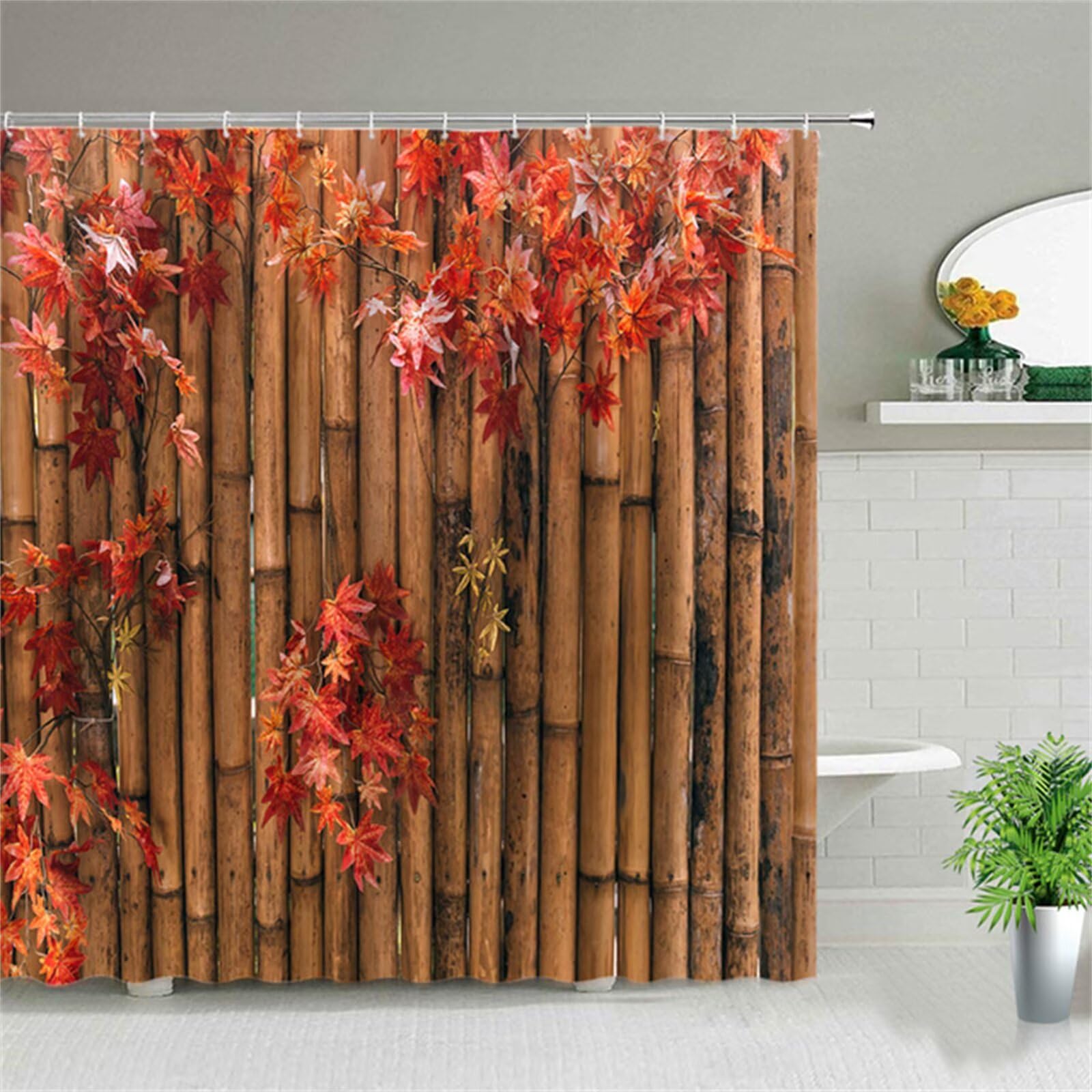 Feuille d'érable en bambou Rideau Douche W180cm x L240cm Rideaux de Douche Anti Moisissure Tissu Imperméable avec Crochets,Rideaux Lourd Lavable,3D Shower Curtain Baignoire Salle de Bains Decor M-111