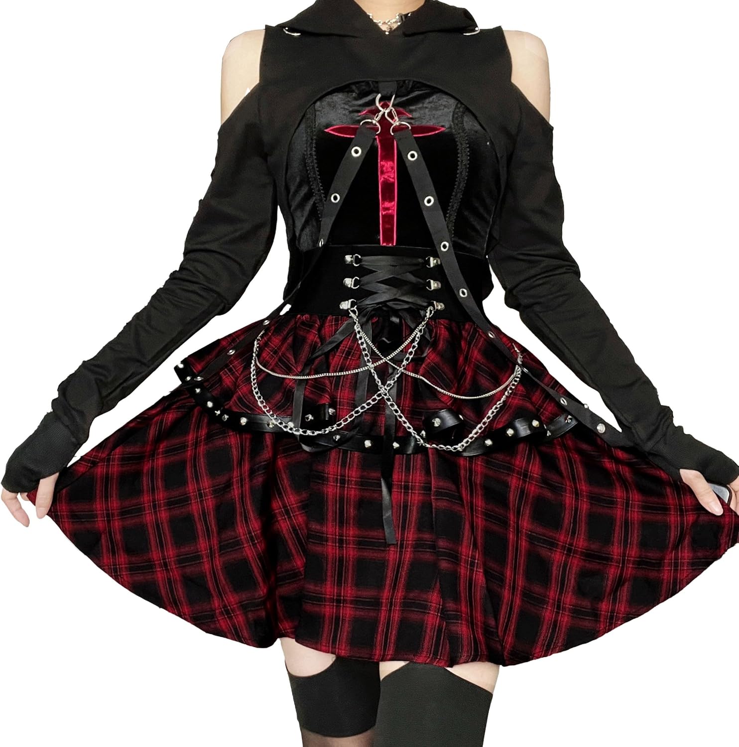 TSMNZMU Womens Gothic Pleated Mini Skirt Steampunk High Waisted Double Layer Short Skirts A-Line Red Plaid Pleated Skirt - Image 4