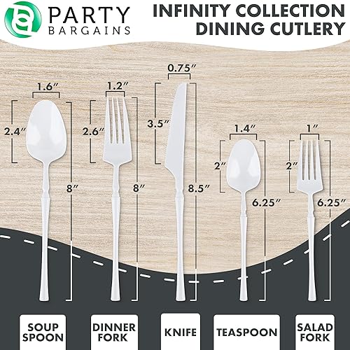 Miniatura 2 de Party Bargains Juego de cubiertos blancos de plástico desechable, utensilios de diseño moderno infinito, paquete de 40 16 tenedores, 8 cuchillos, 16
