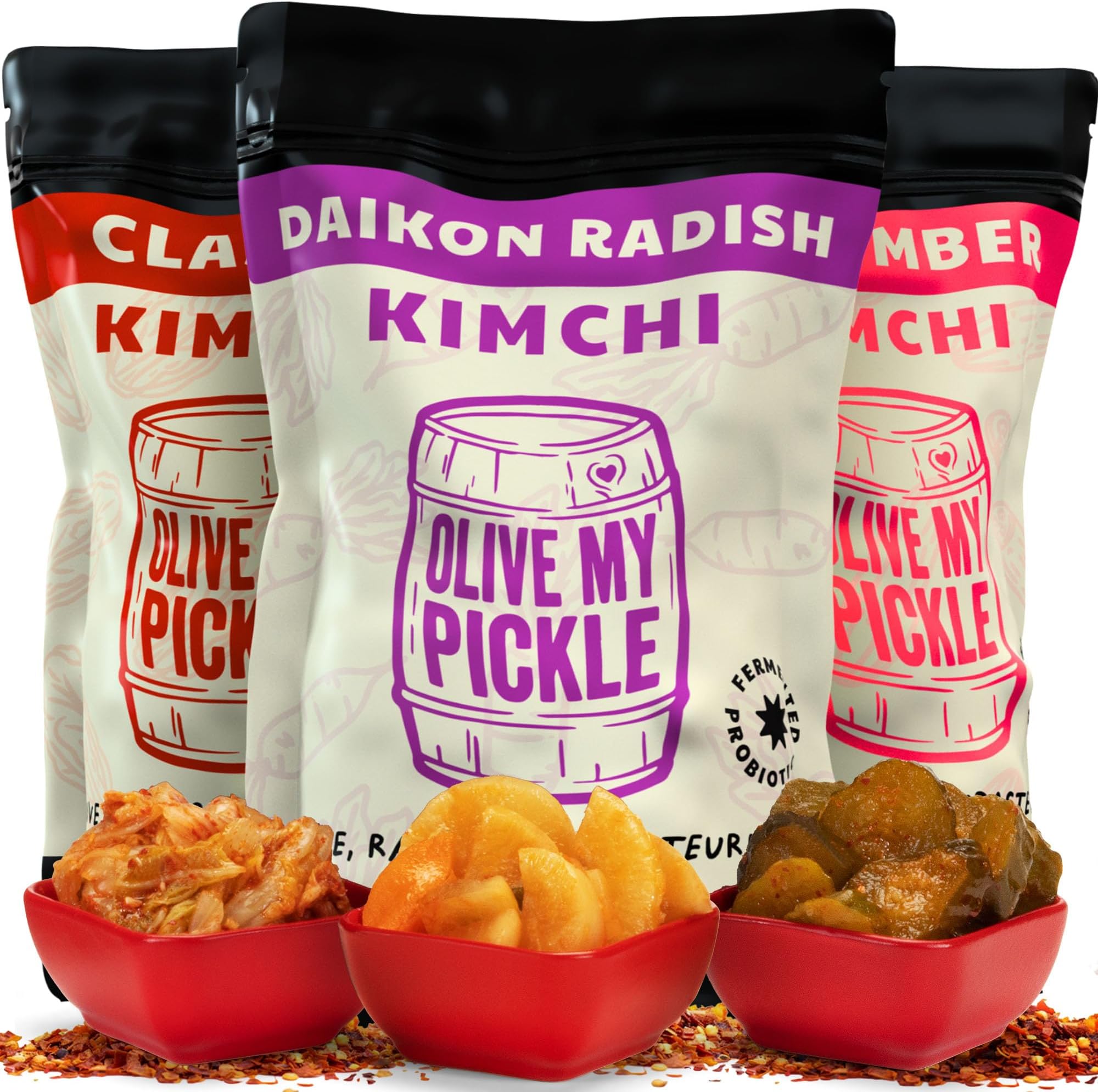 Olive My Pickle Fermented Kimchi Variety Pack - 48 oz | 3 Pack Classic, Cucumber Kimchi & Daikon Radish Kimchi | Napa Cabbage Fresh & Flavorful Korean Kimchi with Natural Probiotics for Gut Health
