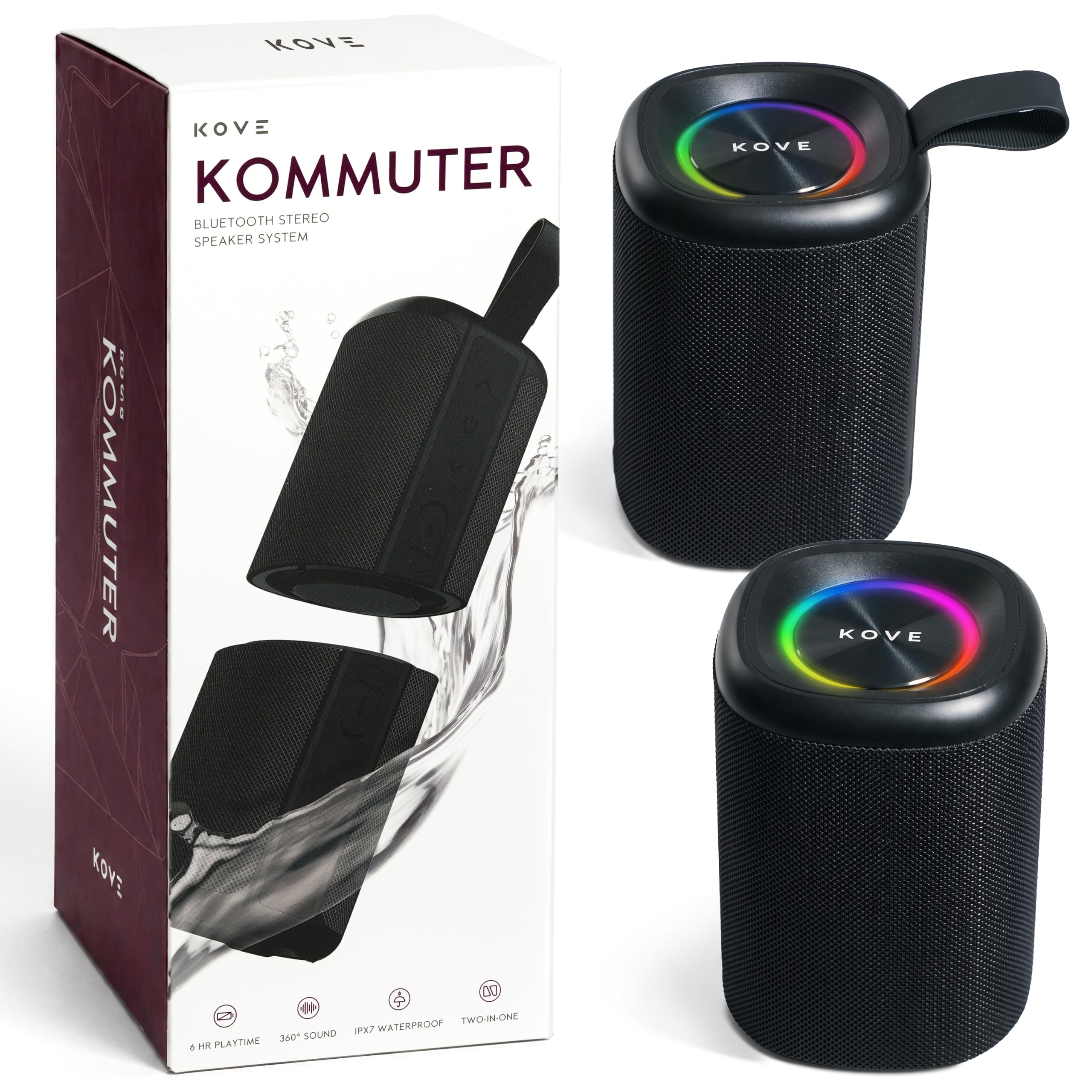KOVE Kommuter Wireless Bluetooth Boombox - Dual Splittable IPX7 Rated Waterproof Bluetooth Speaker with 20W Loud Stereo Sound and Dual 1500mAh Li-ion Battery - Wireless Surround Sound (Black)
