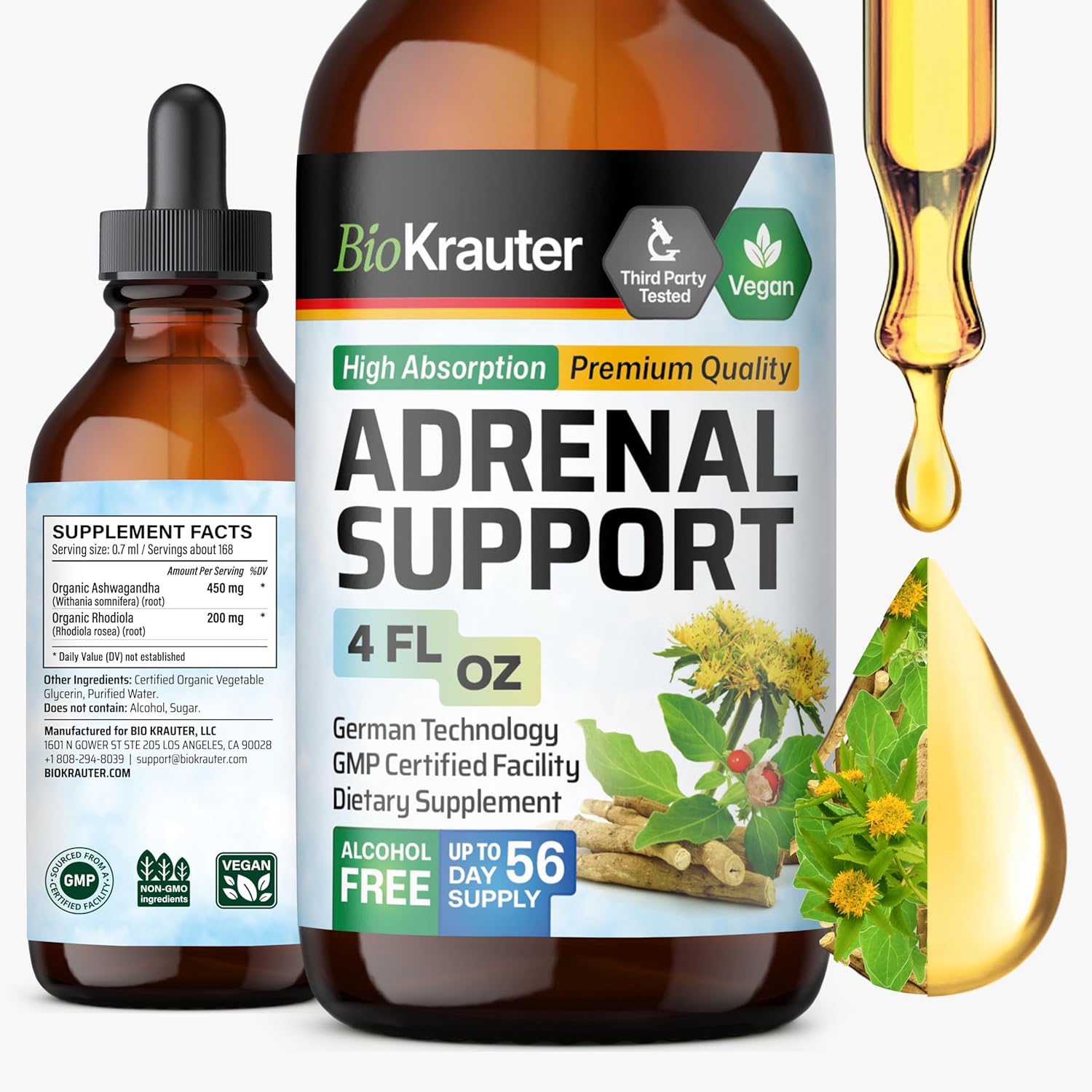 BIO KRAUTER® 2-in-1 Adrenal Support Supplements with Ashwagandha & Rhodiola Rosea for Relax & Mood Support - Natural Adrenal Complex for Men & Wonen - 4 Fl.Oz., 56-Day Supply, Alcohol & Sugar Free