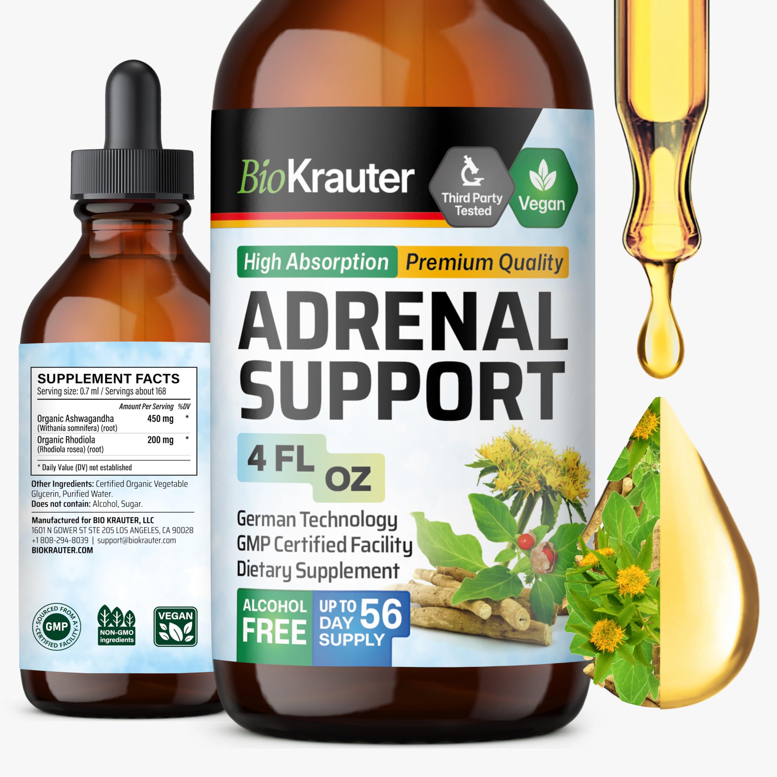 BIO KRAUTER 2-in-1 Adrenal Support Supplements Ashwagandha & Rhodiola Rosea