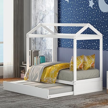 BellemaveTwin House Bed with Trundle Kids House Bed with Roof Twin Size Toldder Daybed Frame with Trundle for Boys Girls White