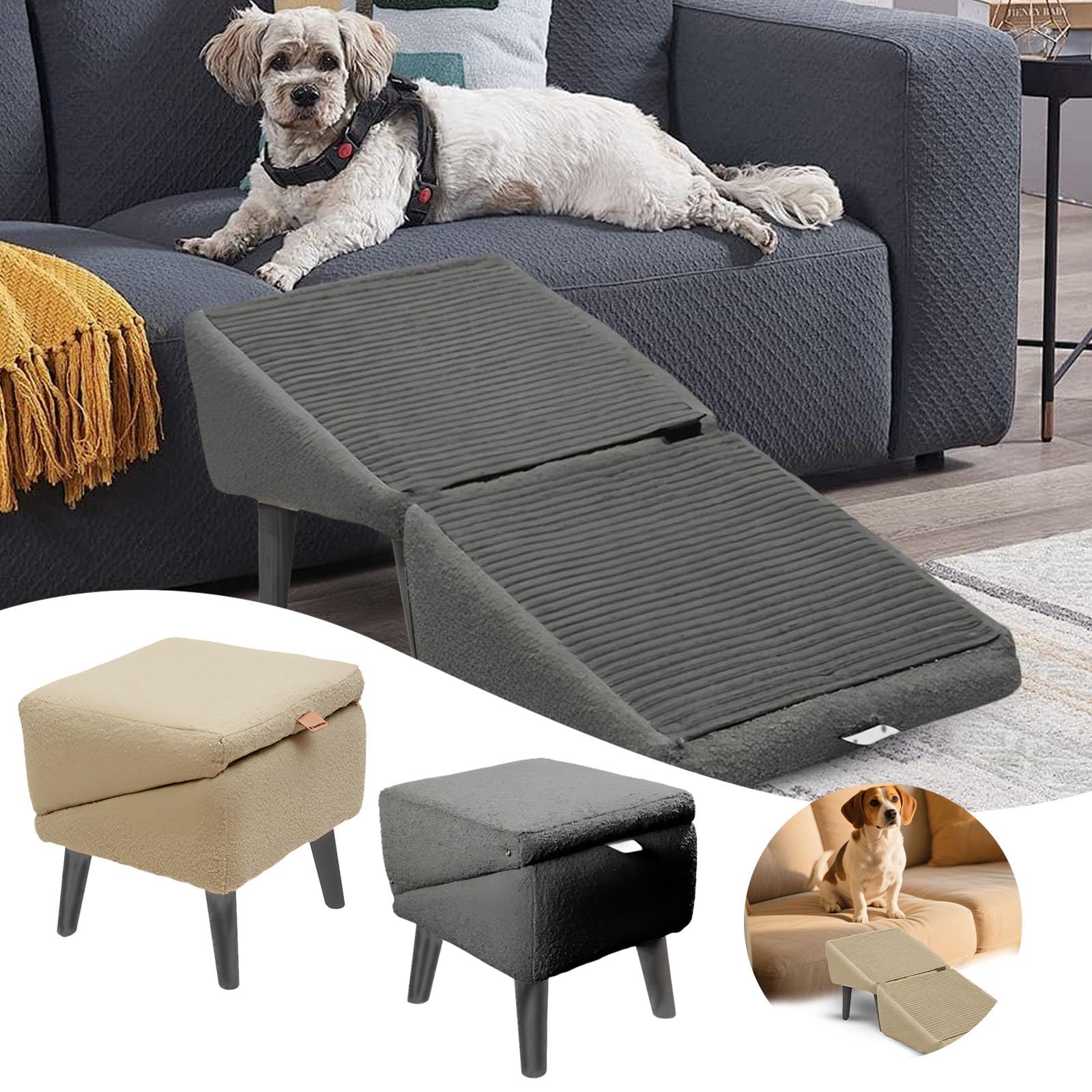 Rampe pour chiens et chats, marches antidérapantes, design léger et portable, aide à l'escalade robuste pour lit, canapé et voiture (gris, taille unique)