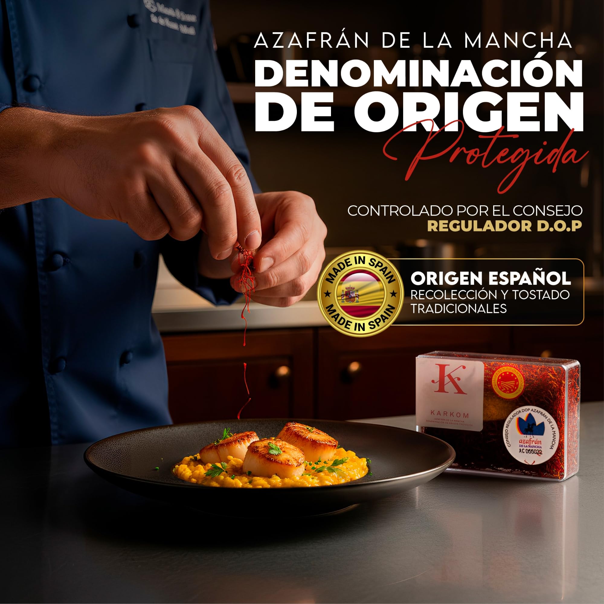 Azafrán DOP en Hebras Español Natural 100%, Perfecto Sazonador para Paella y Comidas Gourmet, Azafrán de Hebra Premium en Caja de 4gr