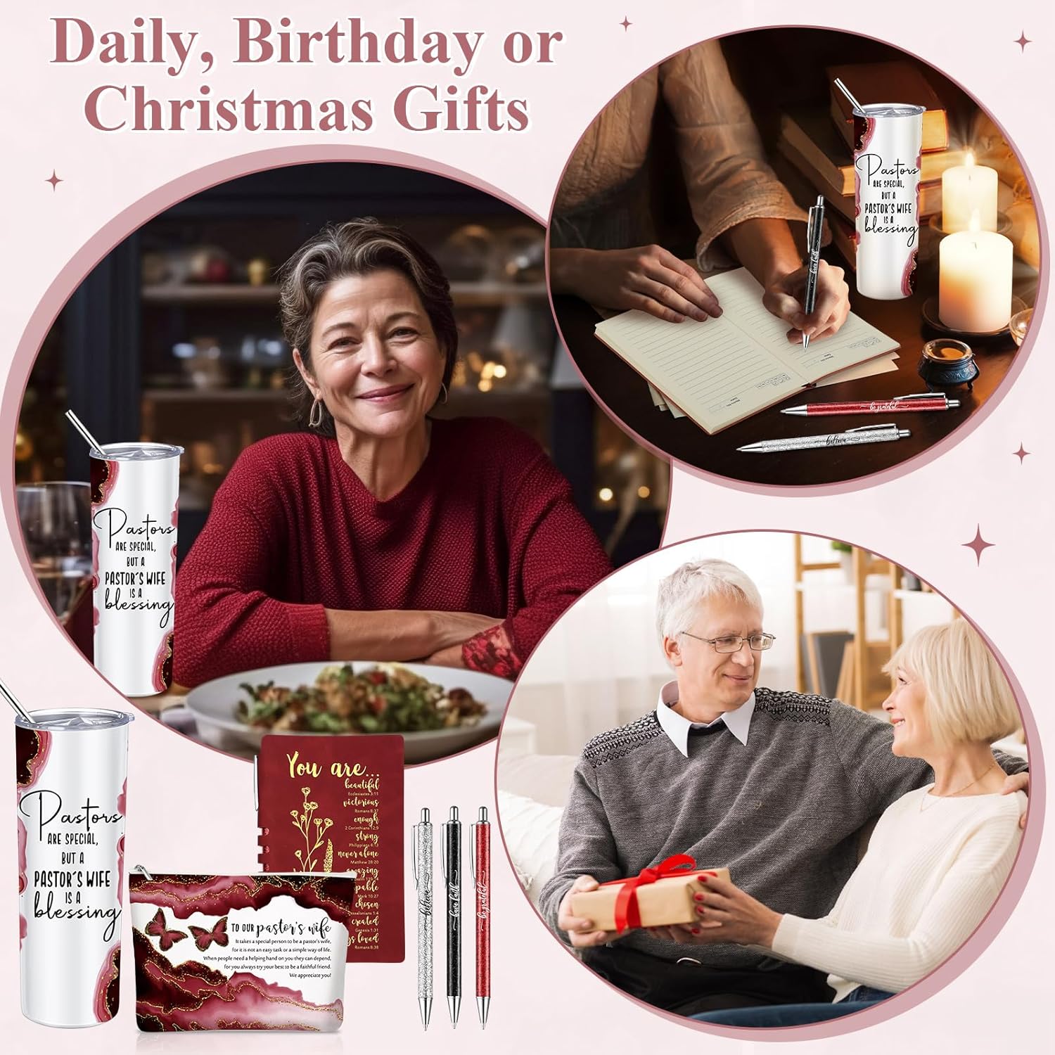 6 Pcs Valentine's Day Pastor's Wife Appreciation Gifts 20oz Marble Tumbler Christian Makeup Bag A6 Journal Ballpoint Pen Inspirational Thank You Gift for Church Women Coworker(Red) - Image 5