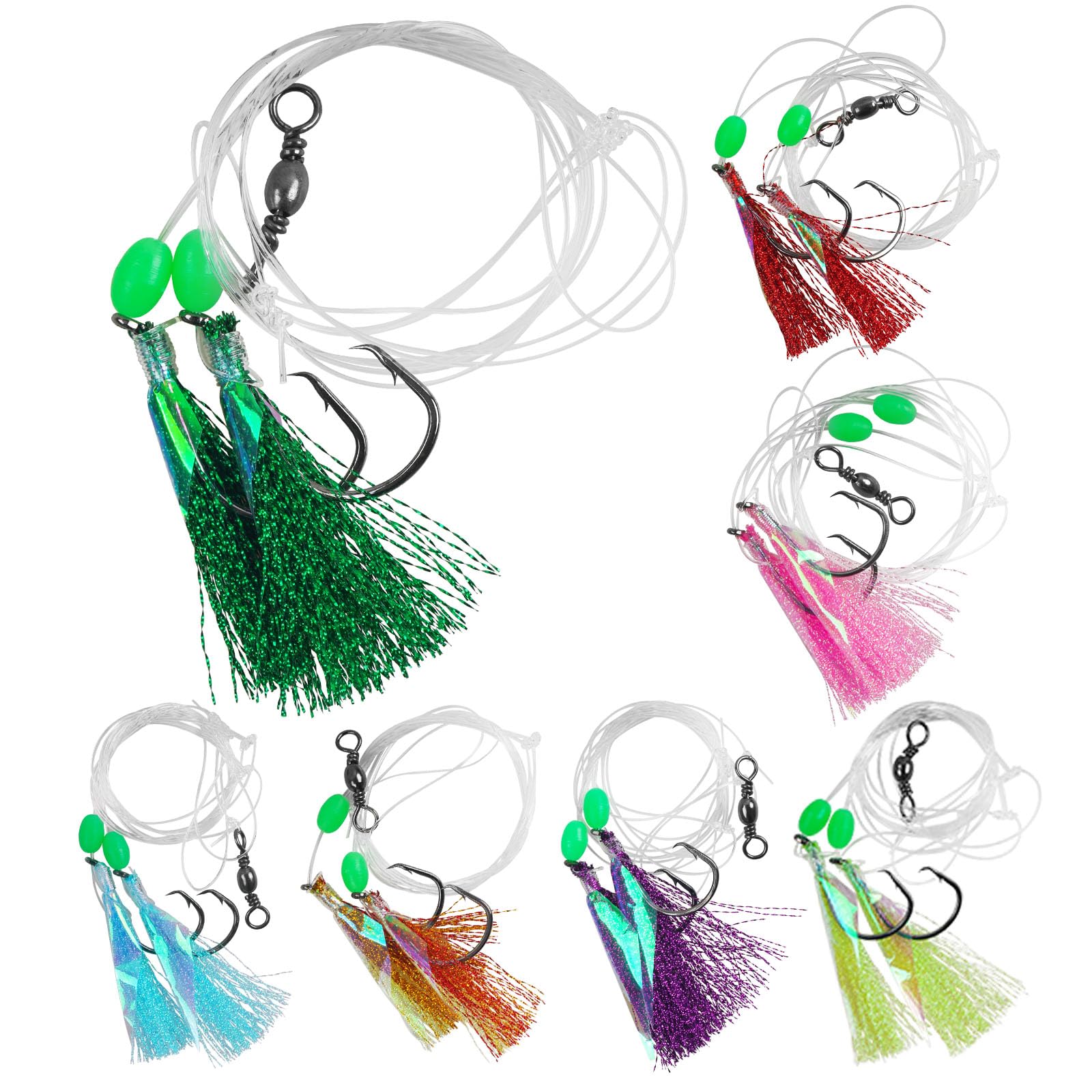 Fishing Bait Rigs Saltwater,6/12packs Flounder Rigs with Mono Leaders Swivels Hooks Beads and Fish Skin for Flounder Sea Bass Halibut Black Pompano Fishing