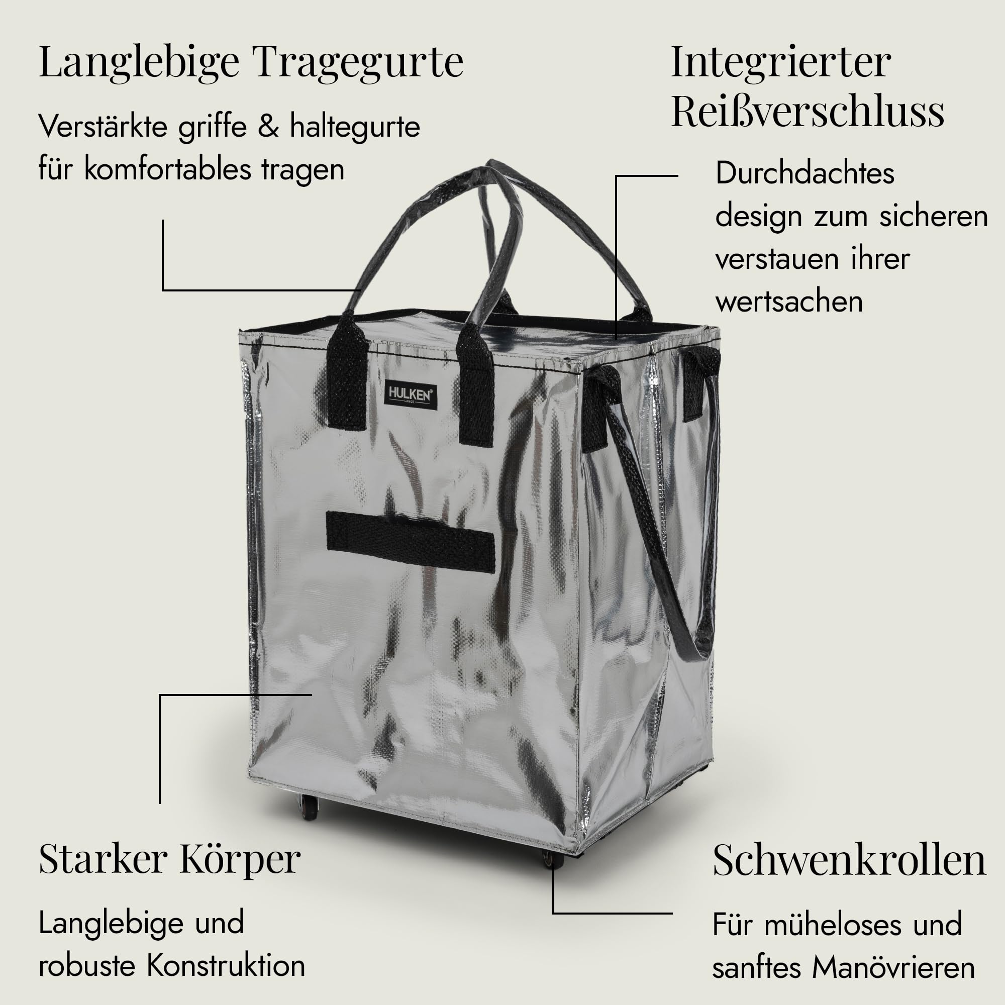 HULKEN - (Große, silberne) wiederverwendbare Einkaufstasche auf Rädern. Der Einkaufswagen trägt bis zu 30 kg. Der klappbare Einkaufstrolley hat robuste Griffe und Reißverschluss, ist flach und faltbar
