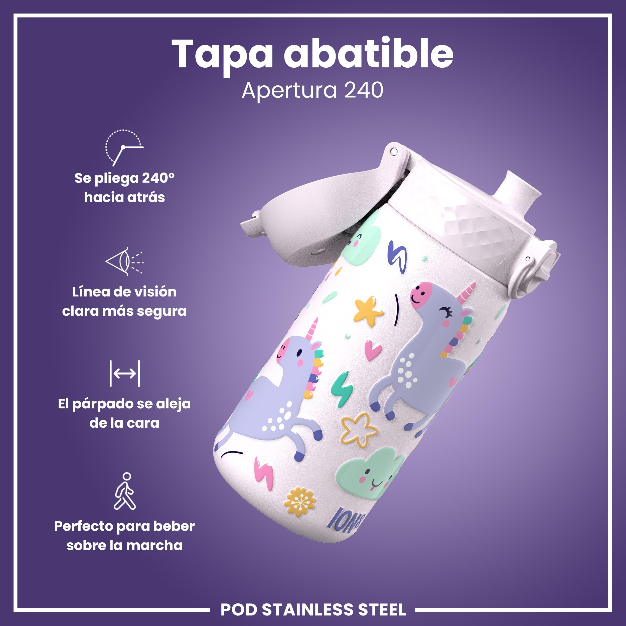 ion8 Botella Agua Inox Ligero para Niños, 400ml, Sin Aislamiento, a Prueba de Fugas, Fácil de Abrir, Cerradura Segura, Apta para Lavavajillas, Tapa Abatible, Fácil de Limpiar, Unicornios, Rosa