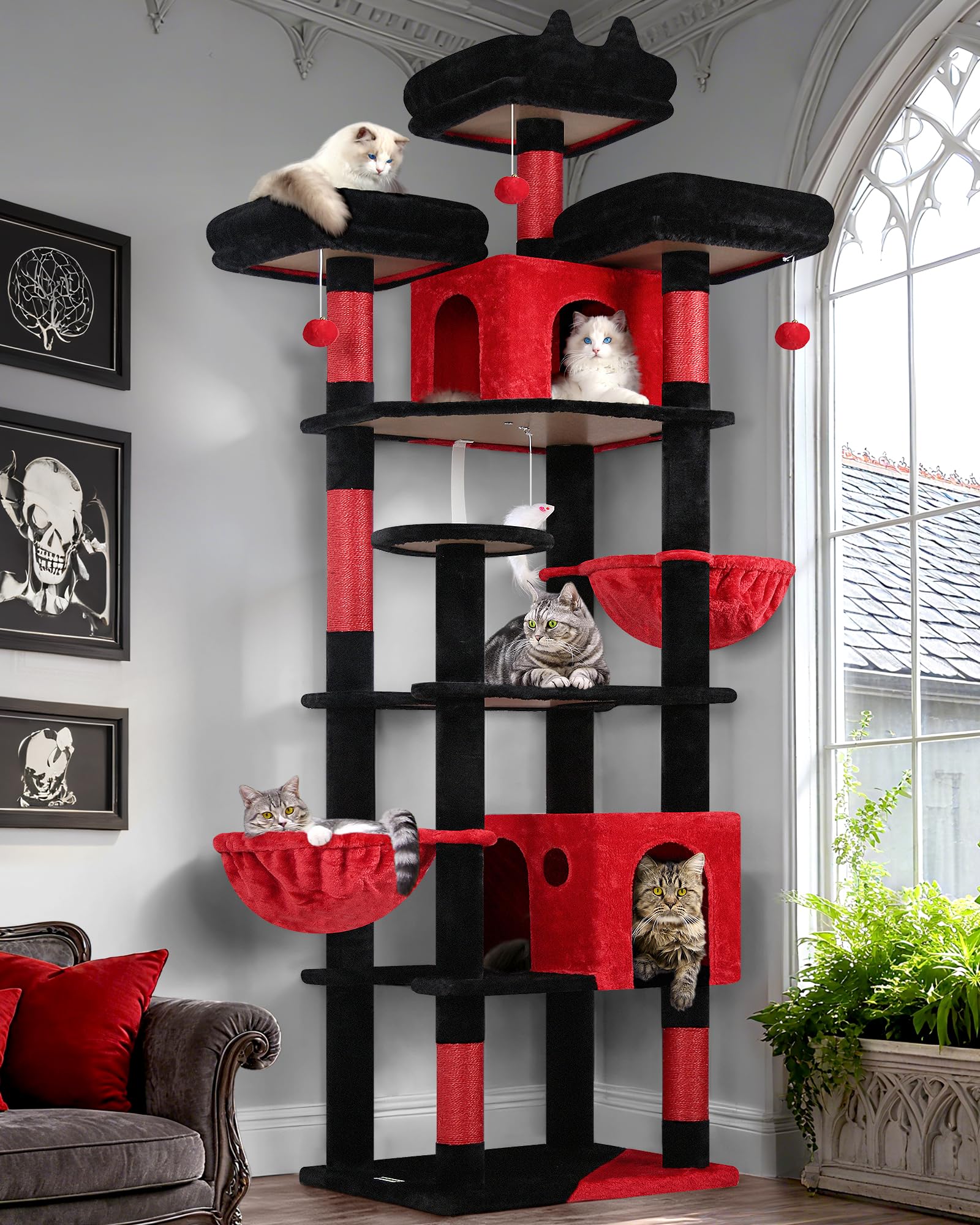 Globlazer Gothic Cat Trees and Towers for Multiple Adult Cats, 82-inch XXL Tall Goth Cat Tree Tower for Indoor Cats with Scratching Post, 3 Perches, 2 Condos, 2 Hanging Baskets, F82, Black Red