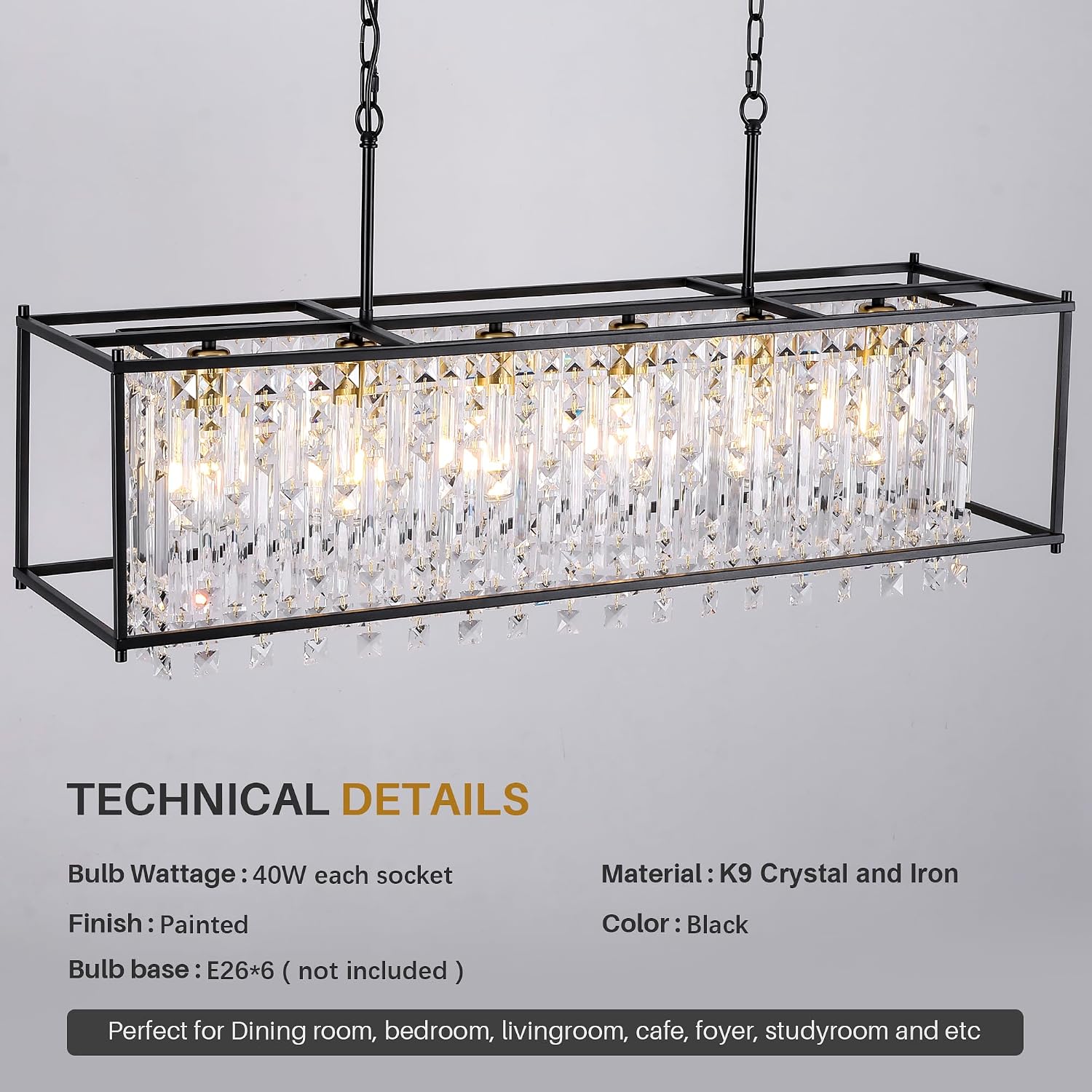 Crystal Chandeliers for Dining Room, Modern Black Chandelier for Living Room, Adjustable Height, 6-Light Pendant Light Fixture, 42 in Large Rectangle Lighting for Kitchen Island Living Room