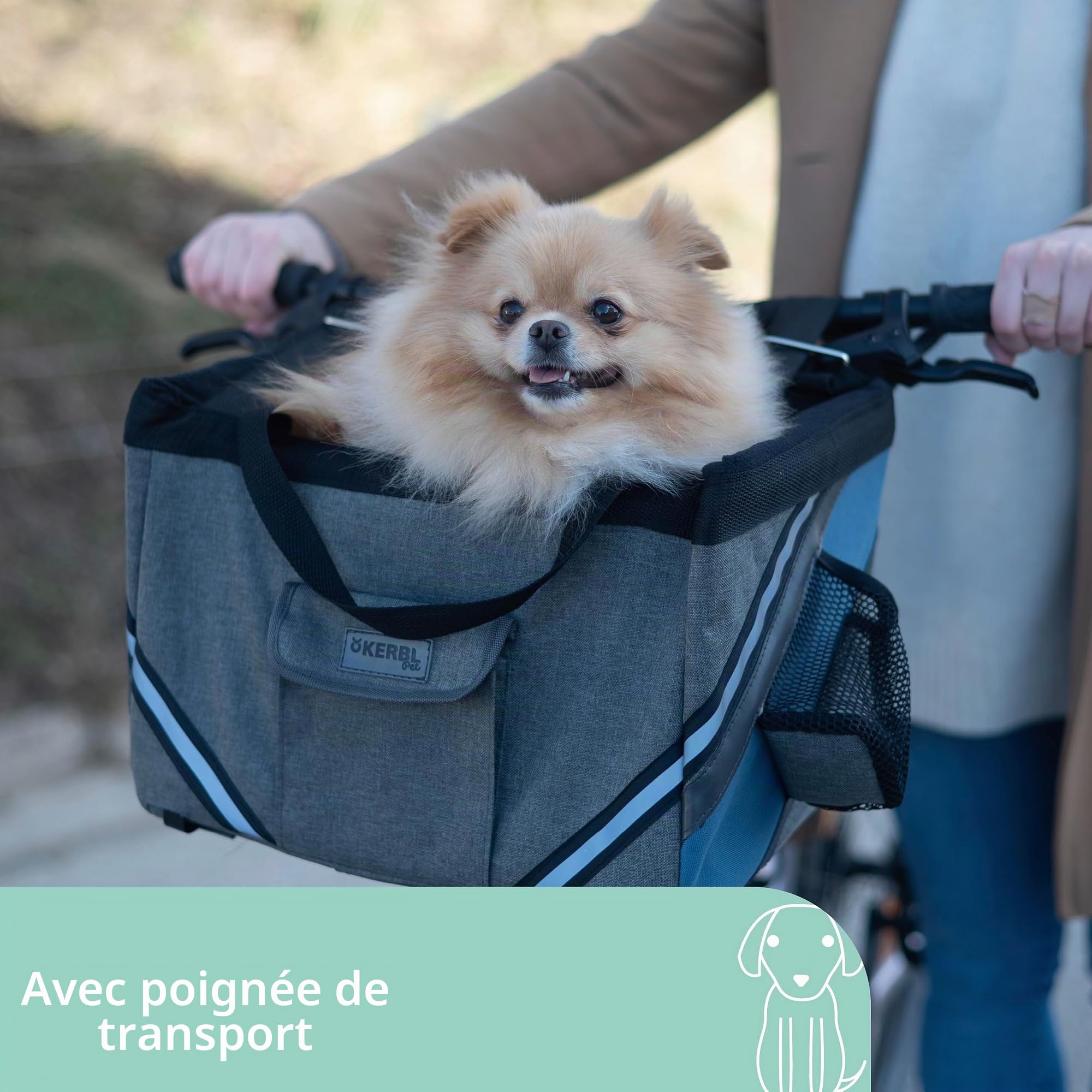 Kerbl Pet Sac de vélo Vacation, Panier pour Chien, Gris, Bleu, 38x29x25cm, Polyester, Petits Chiens, Chats, Coussin de Sol Lavable