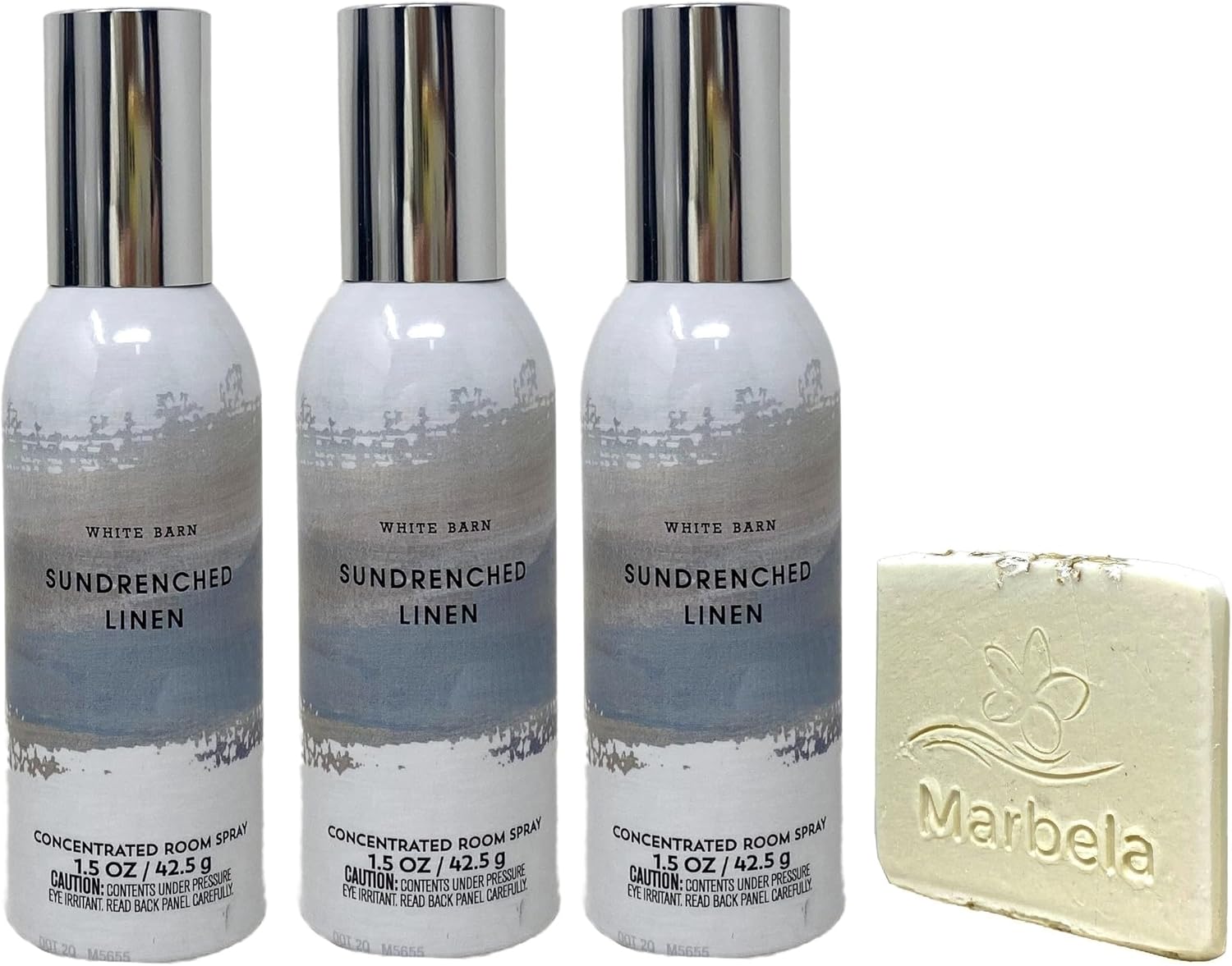 Bath & Body Works Sun-Drenched Linen - 3 Pack Of Concentrate Room Spray with a Marbela Natural Oats Sample Soap.