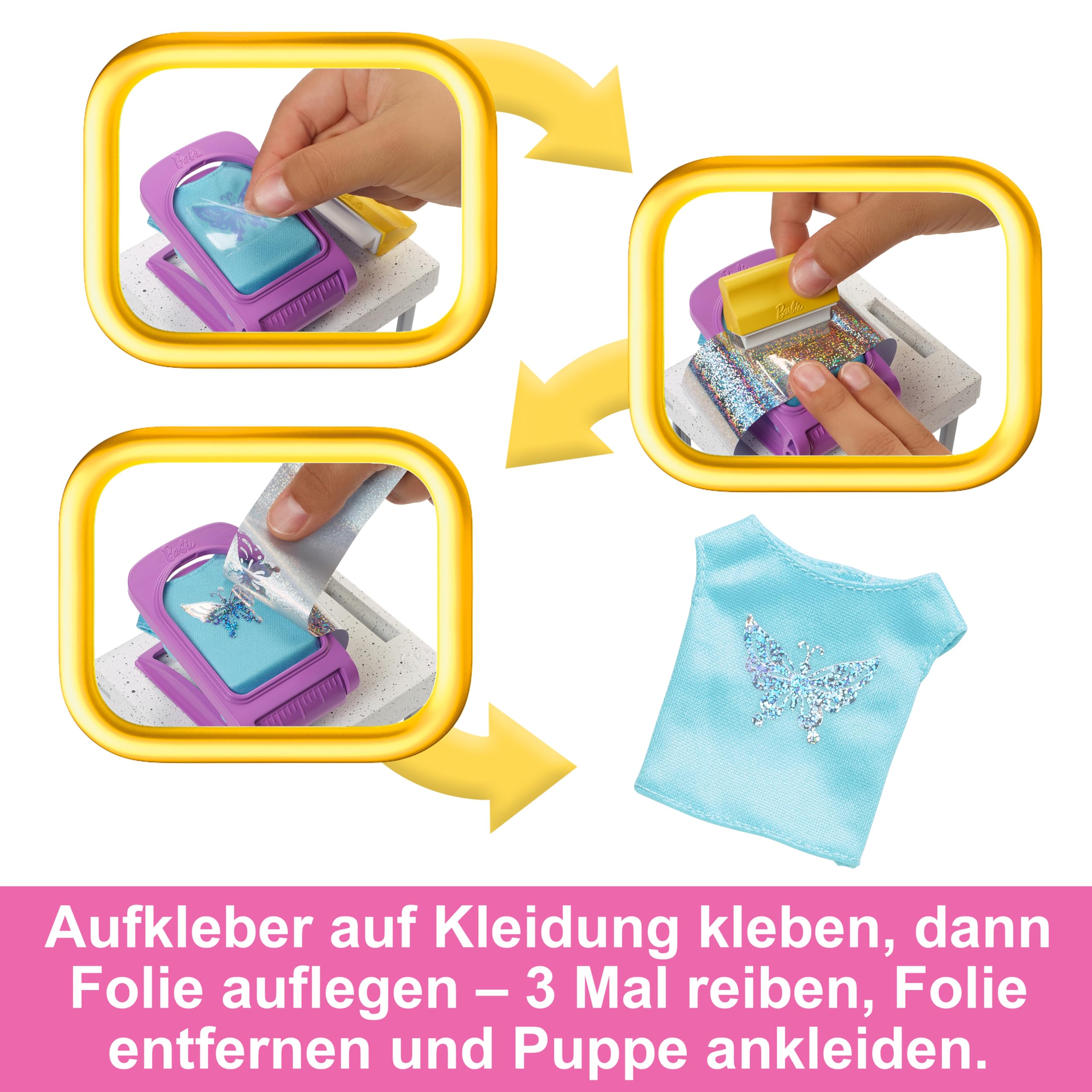 Barbie Mode-Boutique Spielset - Foliendesigns Puppe, über 150 originelle Looks, inklusive 2 Oberteile und 5 Folienblätter, Kleiderständer und Kreditkartenlesegerät, ab 3 Jahren, HKT78
