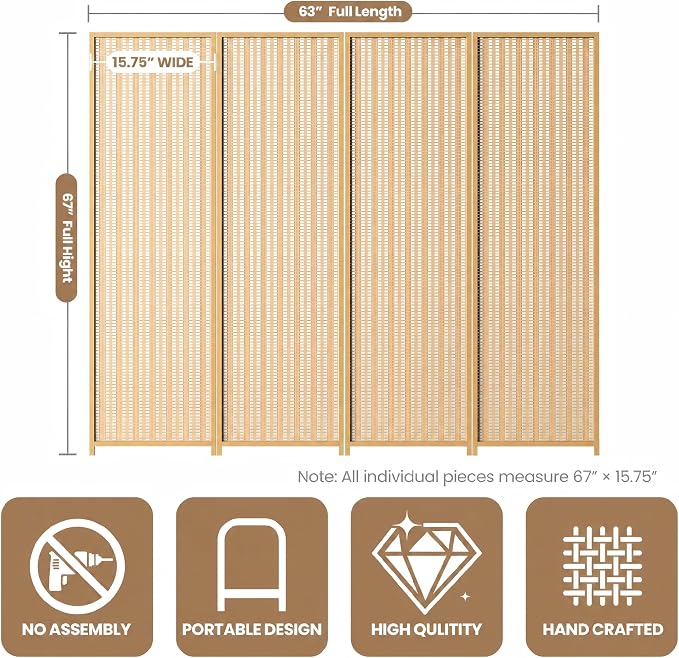 Biombo divisor de ambientes de 4 paneles en bambú natural con marco de madera de pino, plegable, 5.6 pies de alto y 63 pulgadas de ancho miniatura 2