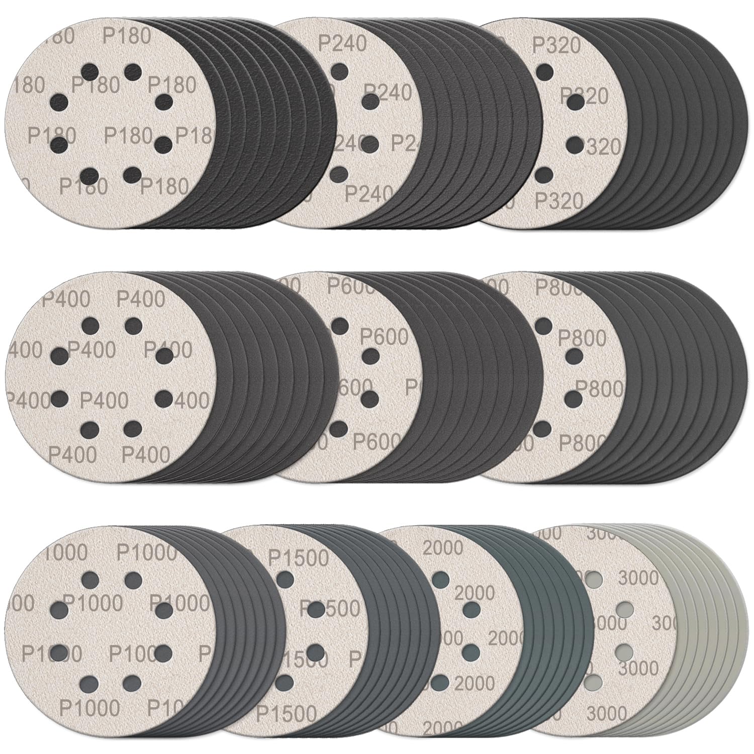 100 Pcs 5 Inch Sanding Discs Hook & Loop 8 Holes Wet Dry Sandpaper 180 240 320 400 600 800 1000 1500 2000 3000 Assortment Grits Silicon Carbide Orbital Sander Sand Paper for Wood Automotive Metal