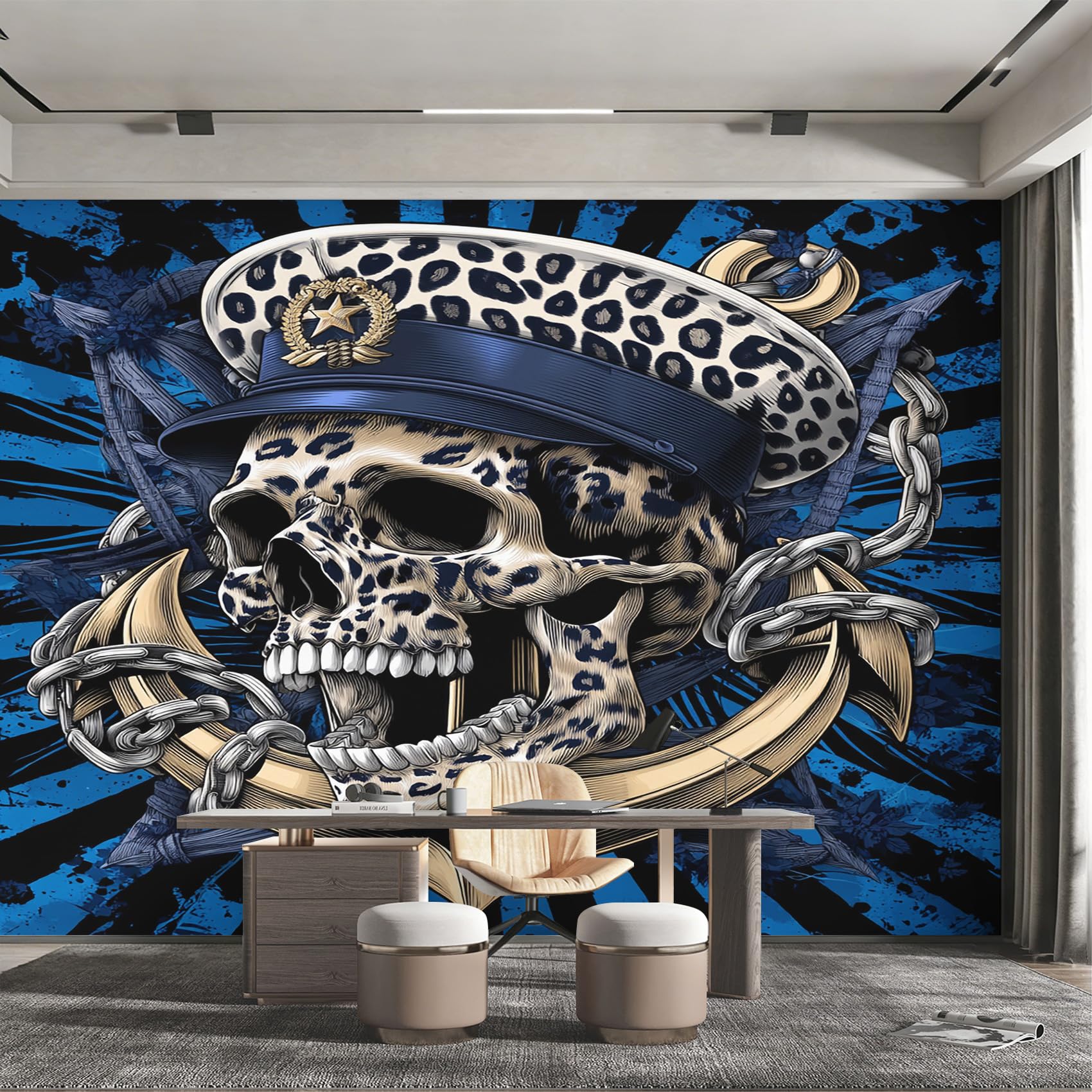 Papier peint panoramique crâne capitaine nautique léopard 450x315 cm intissé pour salon