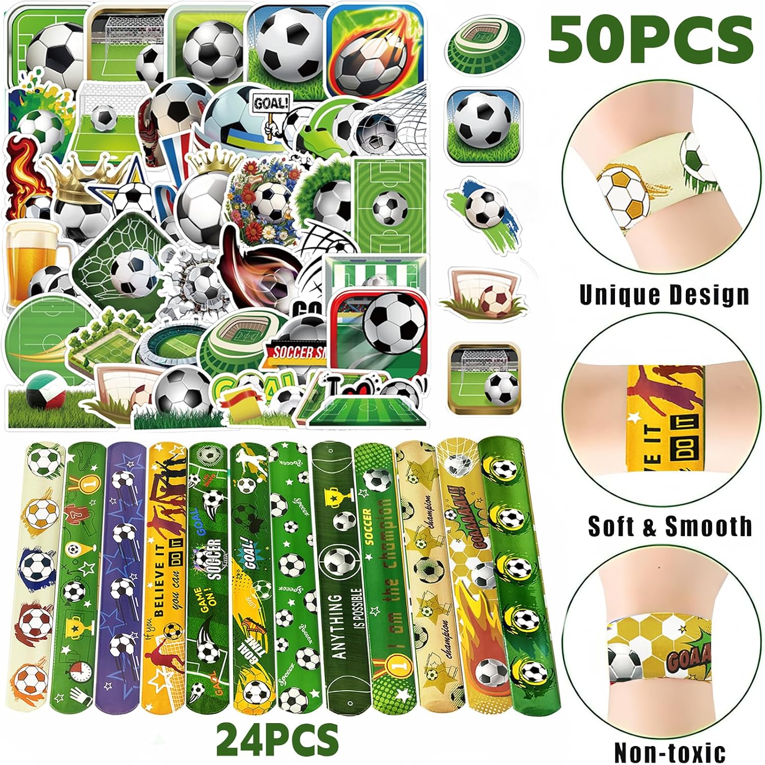 74PCS Soccer Party Favors, 24PCS Slap Bracelets and 50PCS Stickers in Bulk