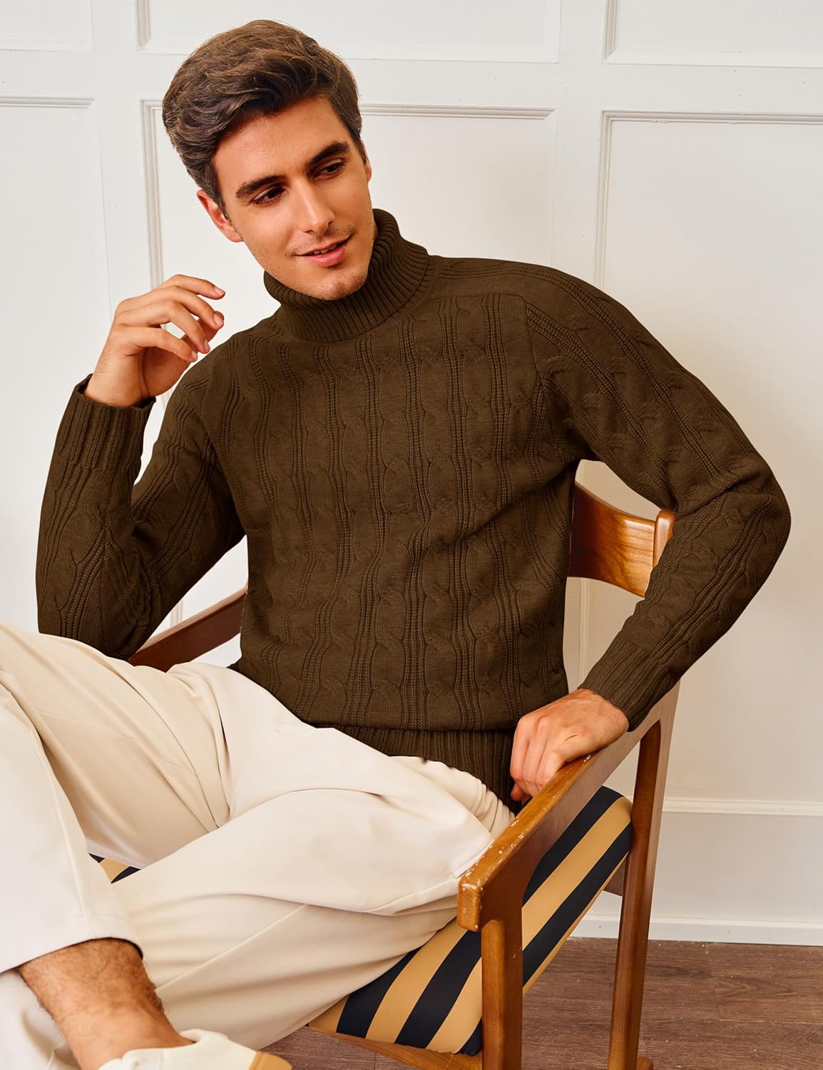 Cotrasen Men's Turtleneck Sweater Long Sleeve Cable Knit Sweater Casual Fall Winter Warm Twisted Pullover Sweaters - Image 3