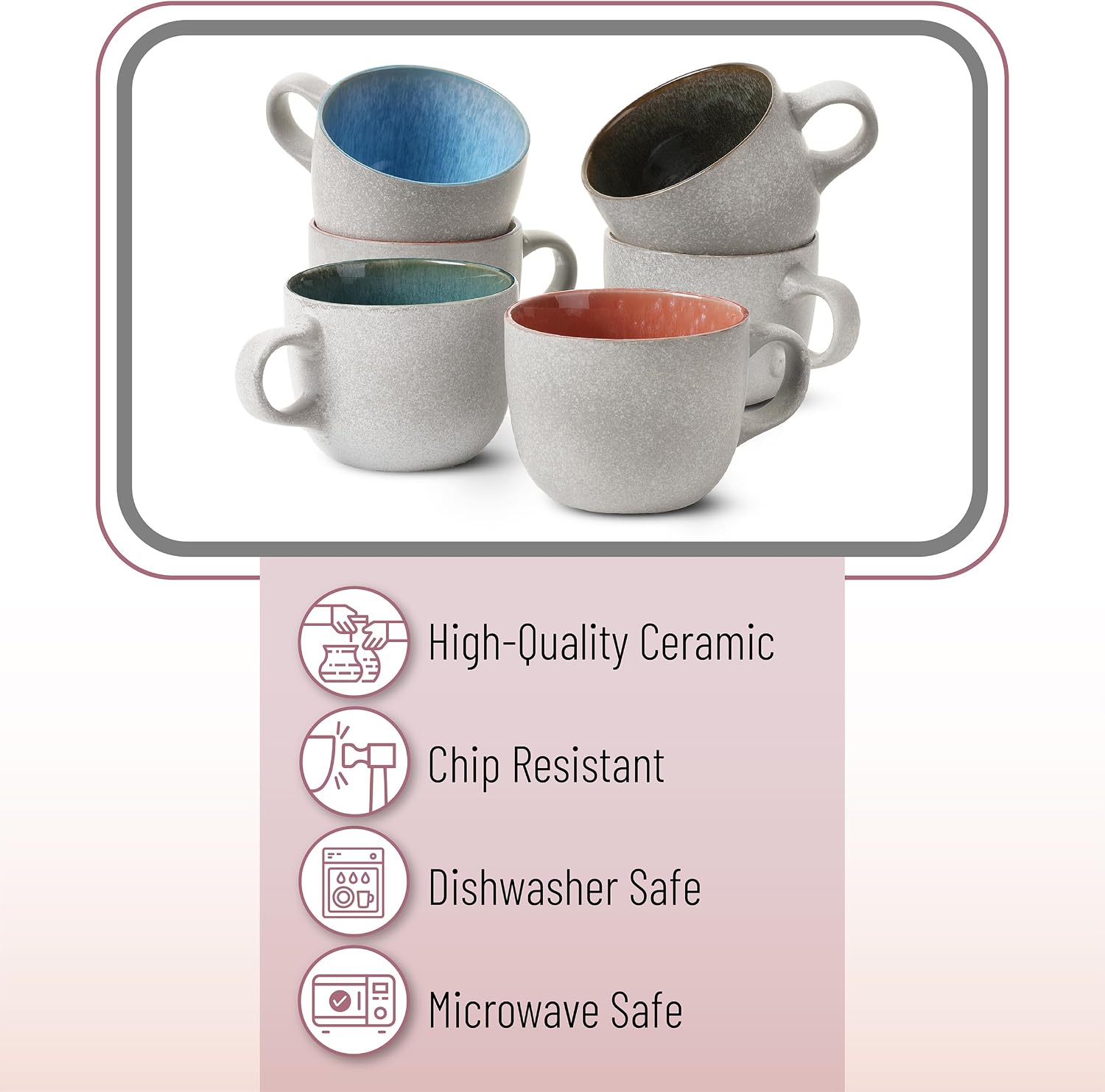 BTaT- Porcelain Coffee Mugs Set, 14 oz (415 ml), 6 Pack, Ceramic Coffee Mugs, Matte White Outside and Colorful Inside, Restaurant Cups for Tea, Cappuccino, Cocoa, Cereal, Mug Gift Set, Dishwasher Safe image 4