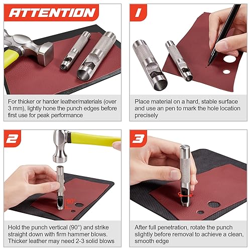 Miniatura 5 de Spurtar Juego de 12 perforadores de cuero hueco de acero de 1/8 a 3/4 pulgadas (0.118-0.748 in), juego de perforadores redondos de alta resistencia