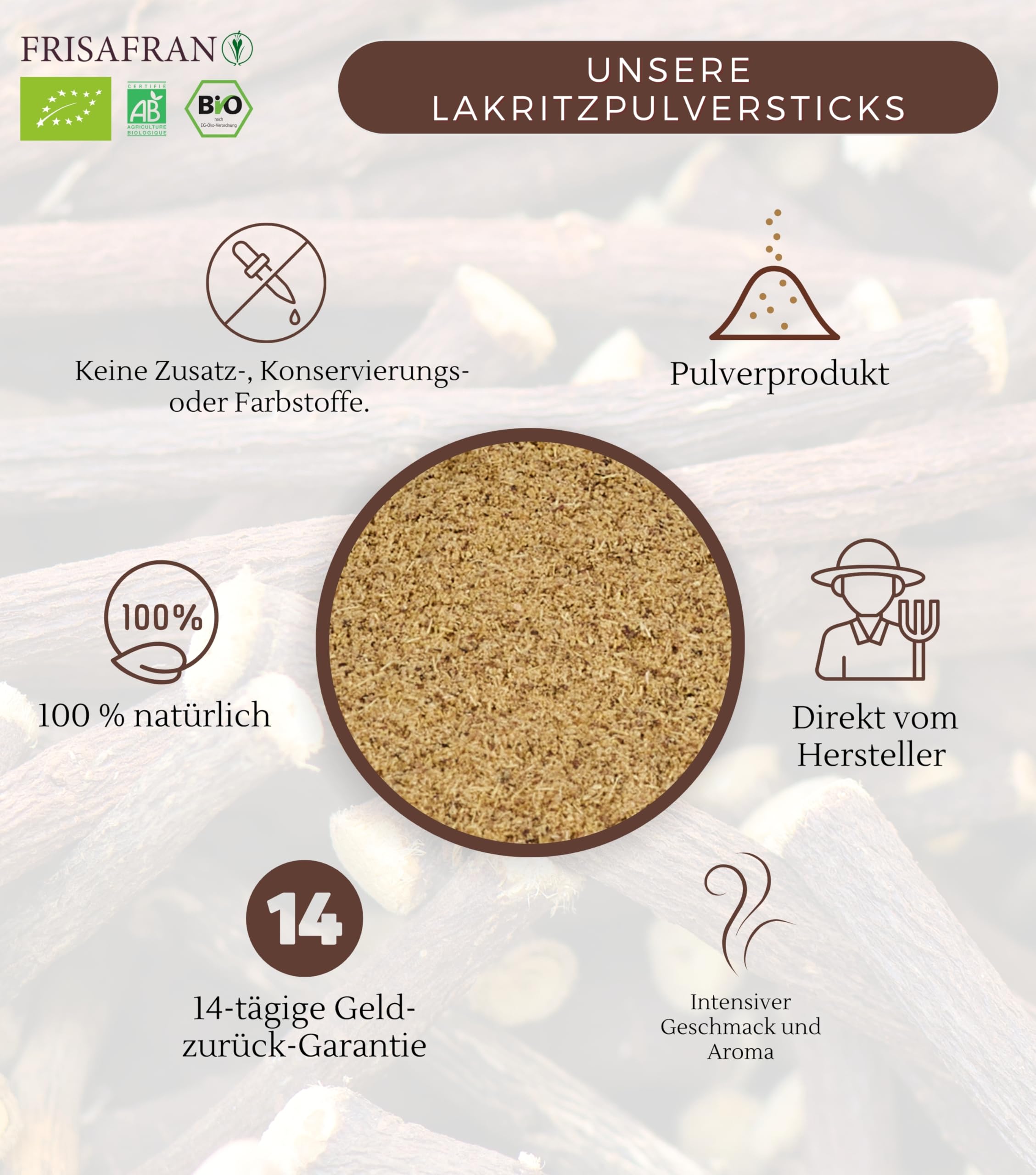 FRISAFRAN | BIO Süßholzwurzel gemahlen | 2kg | Gemahlene Süßholzwurzel | süßholzstangen pulverisiert | Lakritz Pulver | Lakritzwurzel | Licorice Root | geschnitten | Lakritze Pulver | Lakrids Pulver