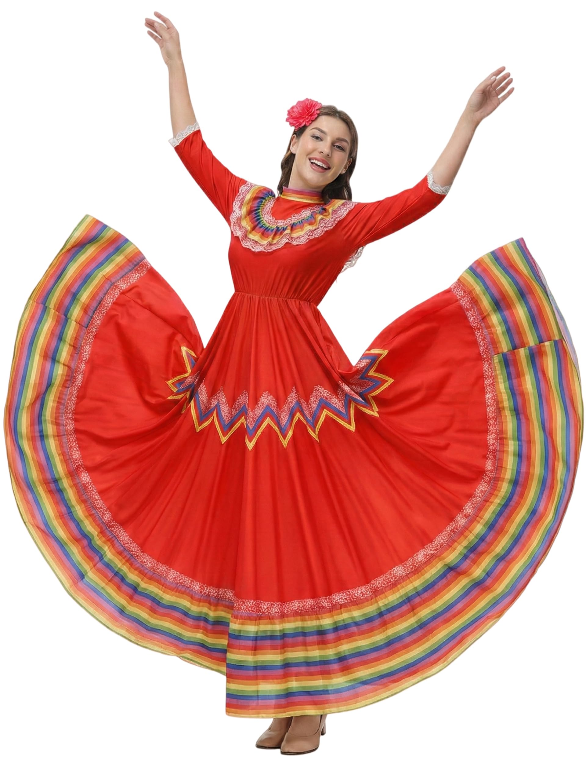 Jelysun Women's Mexican Folklorico Dress Cinco De Mayo Traditional Lace Flower Senorita Dress Day of the Dead Costume