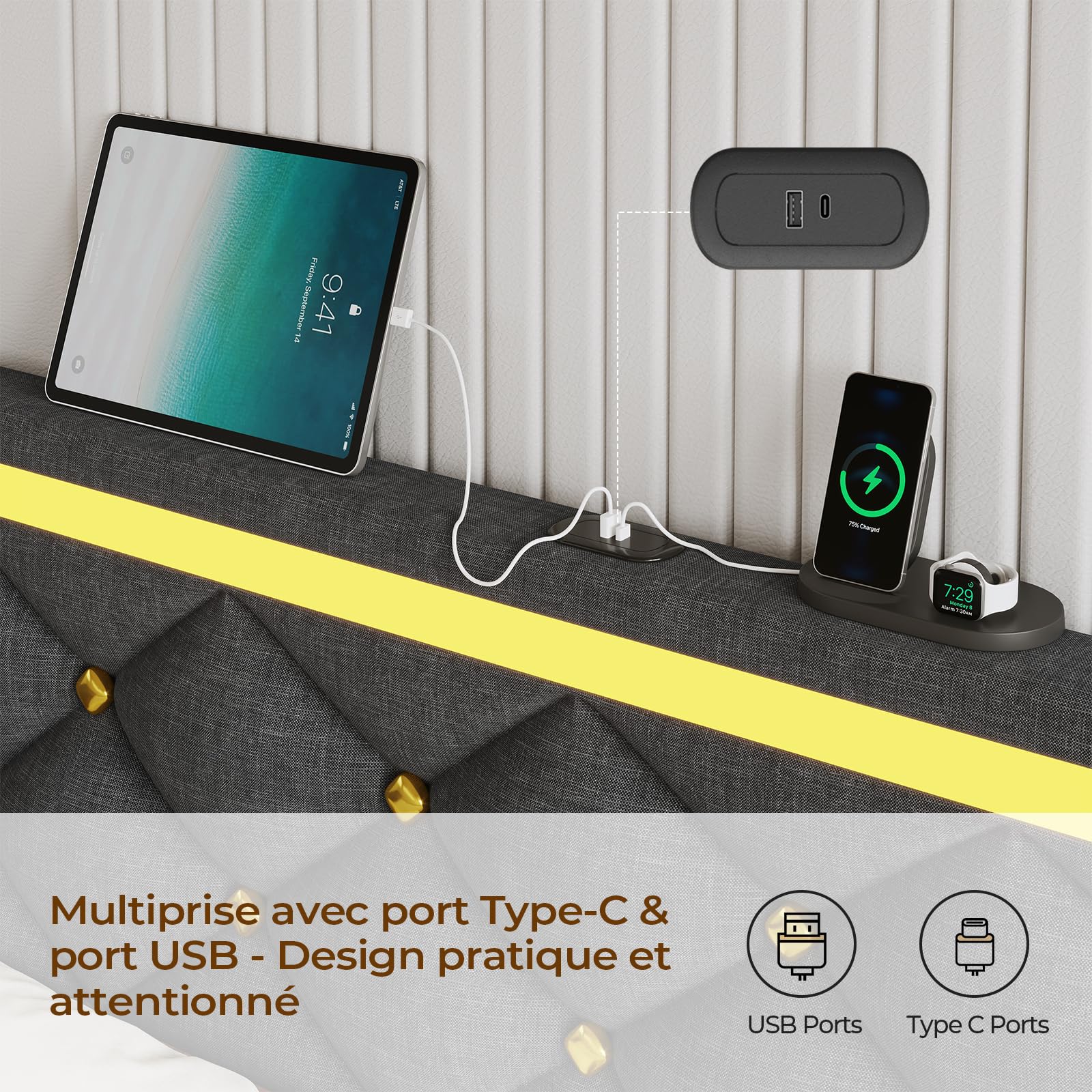 DICTAC Lit 140x190 avec LED, Cadre de lit 140 x 190cm avec Éclairage LED et 1 USB-A + 1 USB-C, Tête de Lit Réglable et Rembourrée - Lit Flottant avec Sommier, Capitonnage Lin Gris