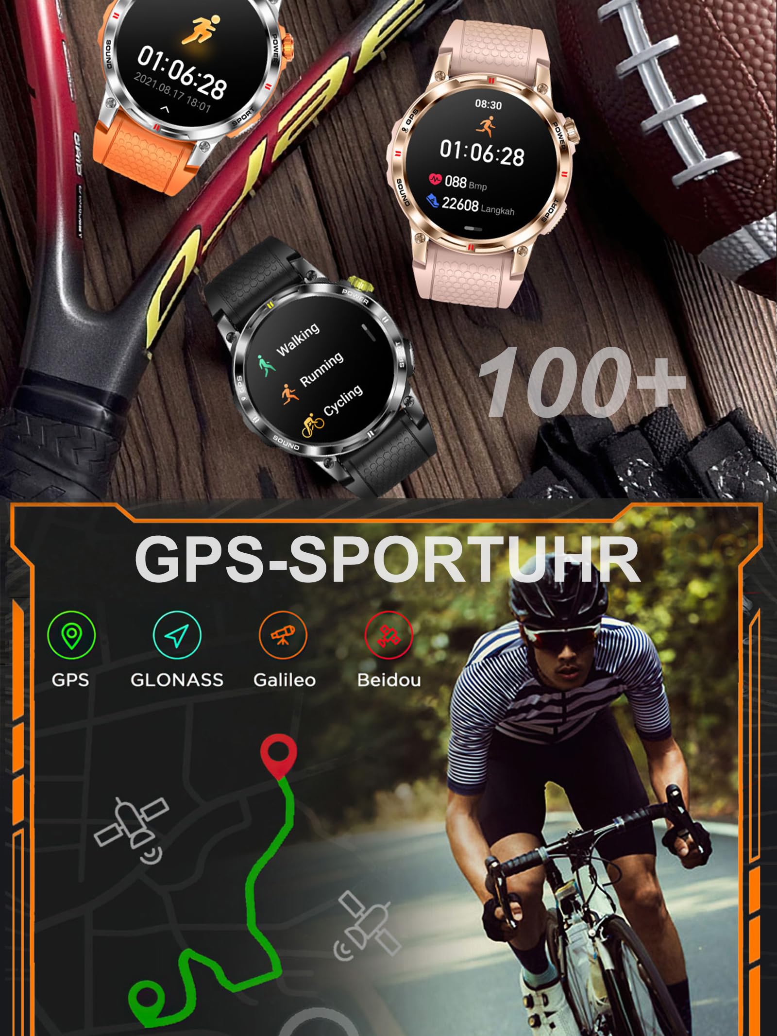 Montre connectée GPS pour homme et femme - Montre intelligente avec fonction téléphone - Podomètre - Montre militaire d'extérieur avec boussole - Montre de sport - Montre de sport - Montre de course