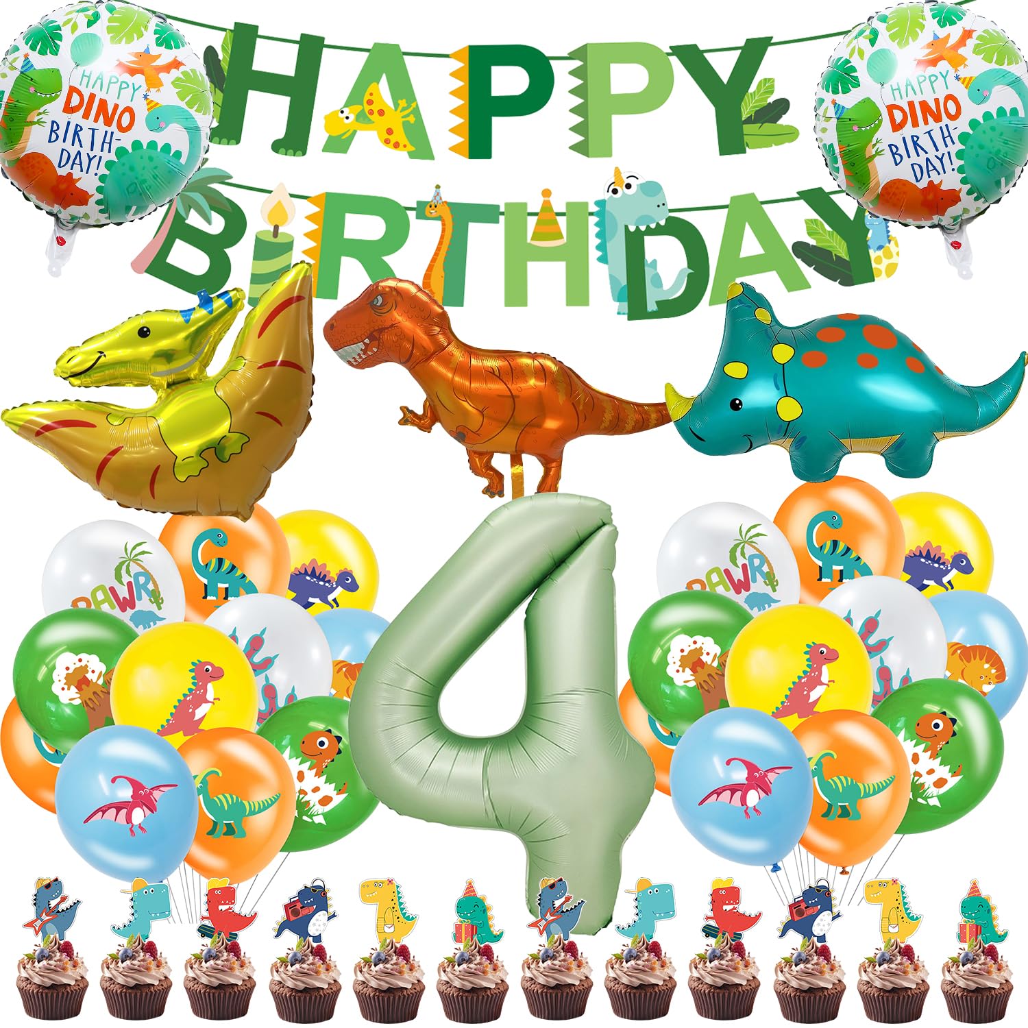 Fizdoqg Dinosaur Birthday Party Decorations, Dino Balloons Decor Include Balloons, Happy Birthday Banner, Dinosaur Cake Decorations Set (4)
