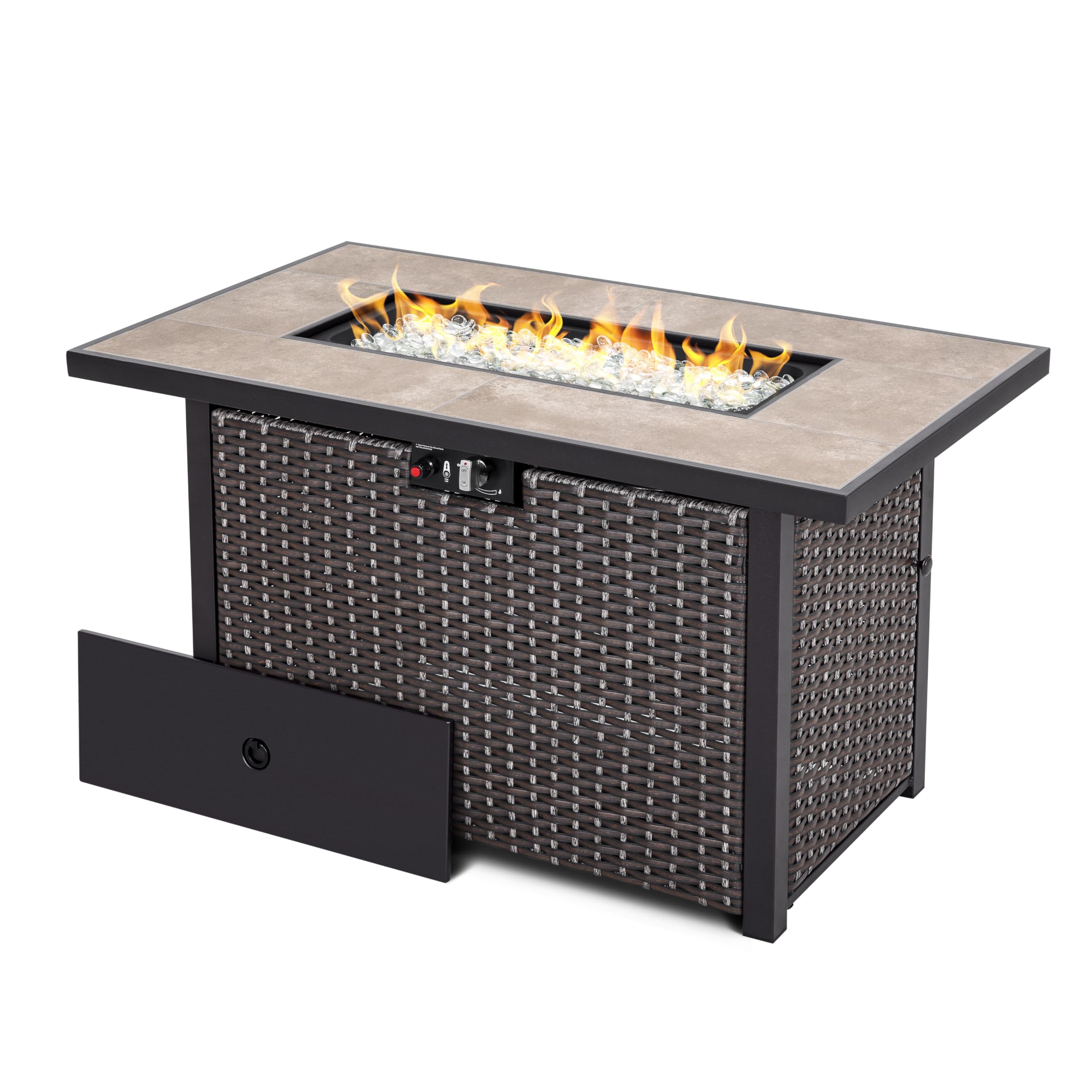 Nuu Garden 43-inch propane gas fire pit table in an outdoor patio setting with drinks and snacks.