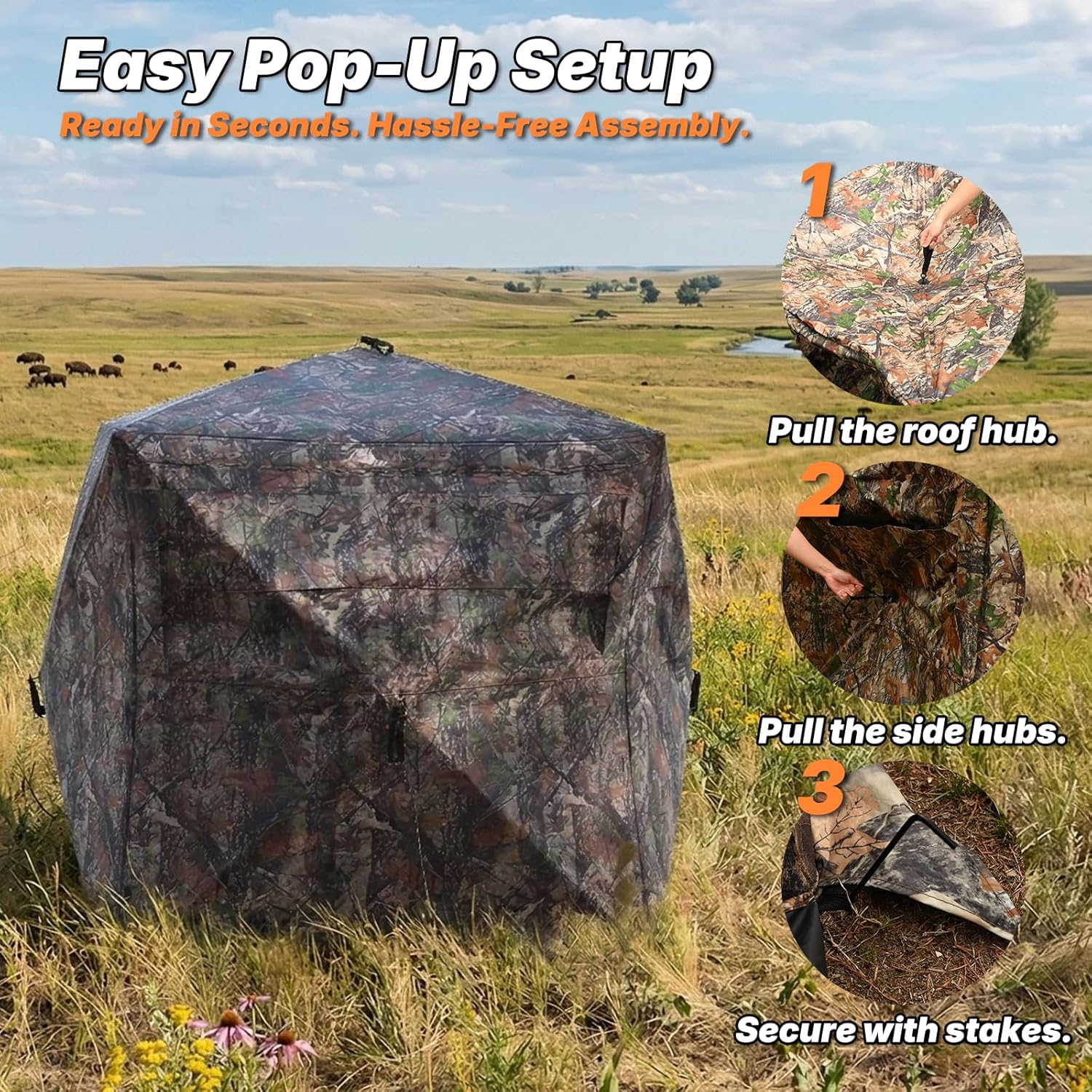 Hunting Blind 360 Degree See Through, 2-3 & 3-4 Person Pop Up Ground Blind for Deer and Turkey, Portable Camouflage Tent with Quiet Zipper Door and Carrying Bag