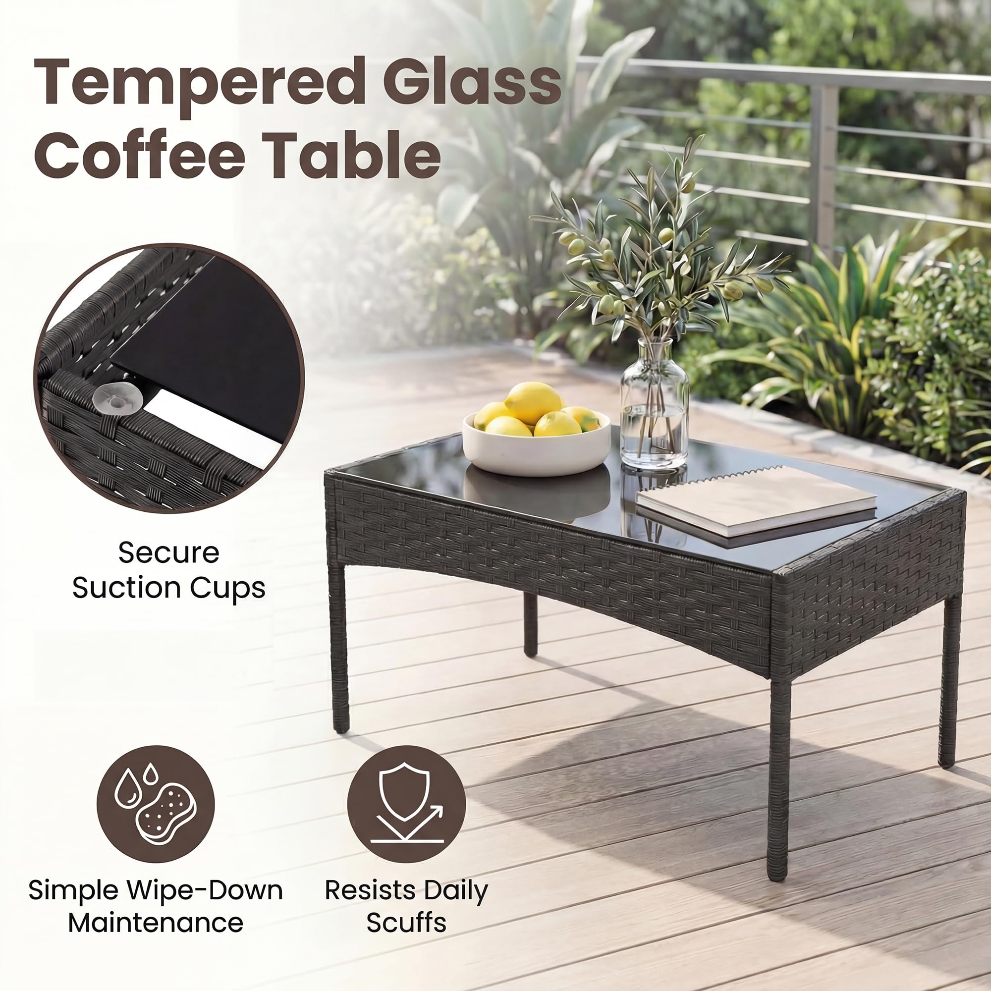 Set da Giardino in Rattan 4 Pezzi con Tavolino in Vetro, Divano e Poltrone, Grigio