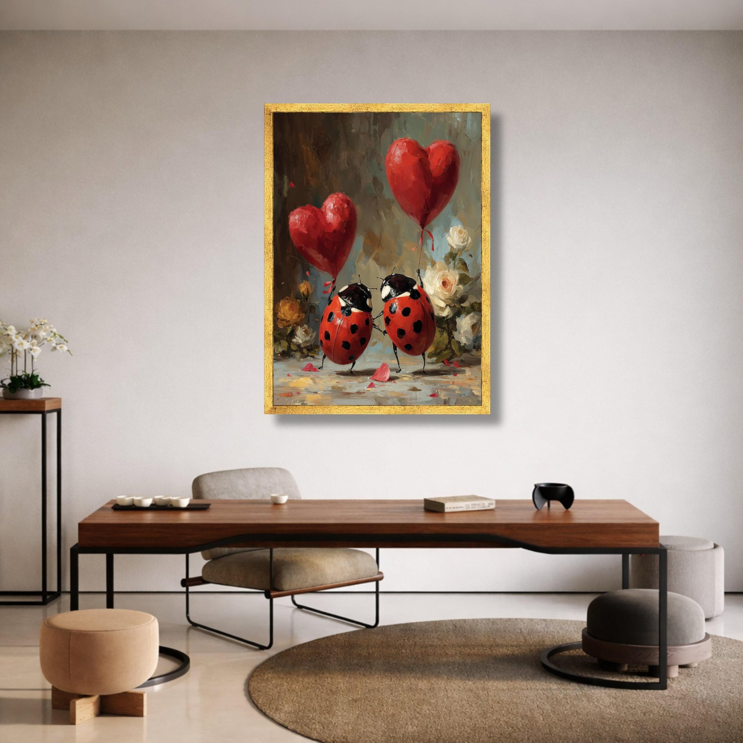 LMYCHENG Romantyczna para biedronek obraz olejny obraz ścienny z balonami w kształcie serca plakat miłość natura plakat retro kwiatowy druk na płótnie (60 x 90 cm/bez ramki)