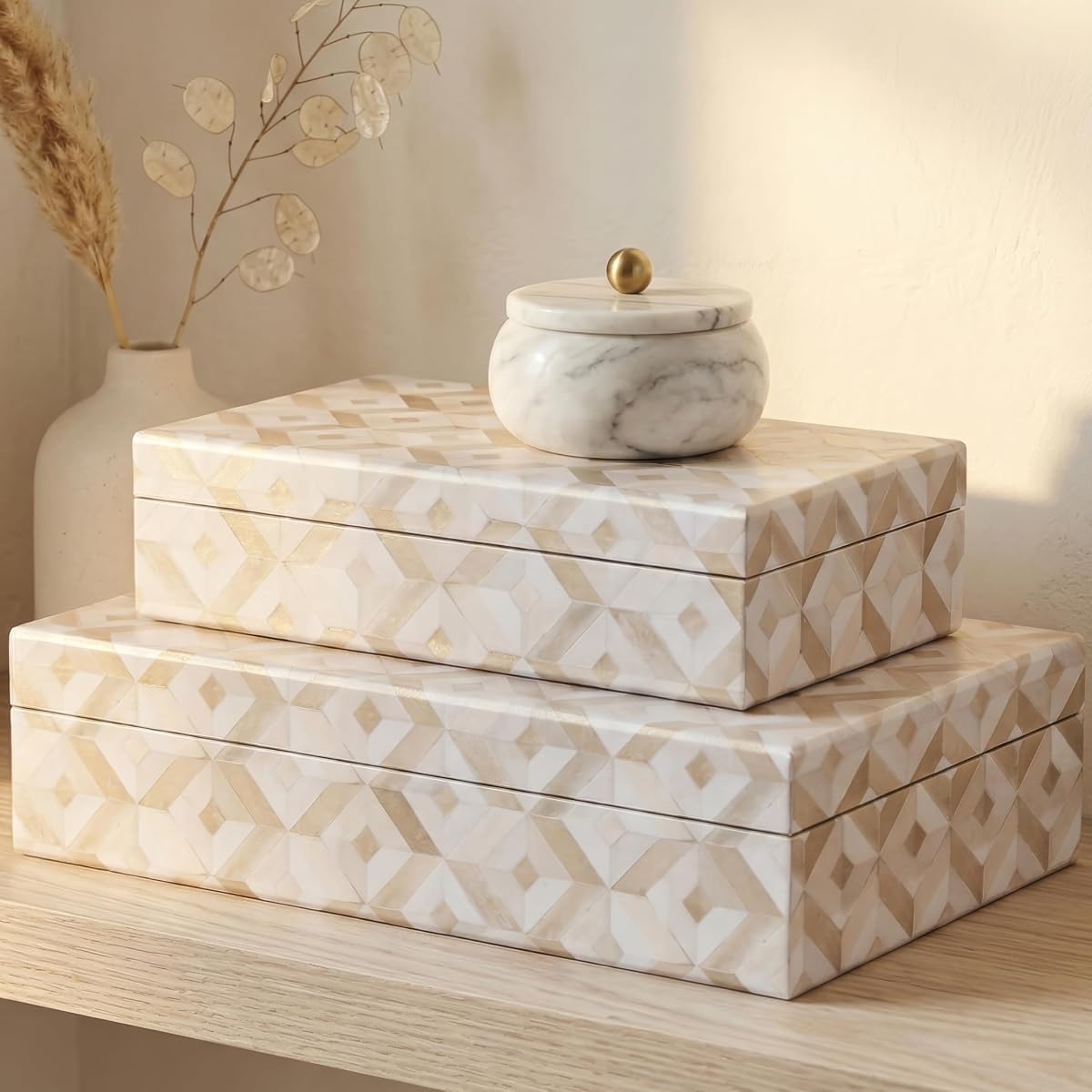 Cajas de Almacenamiento Decorativas con Tapas - Juego de 2 Contenedores Organizadores para Estantería | Hermosa decoración para el hogar: almacene de forma segura fotografías, documentos y recuerdos de cajas de recuerdos en sus estantes con estilo