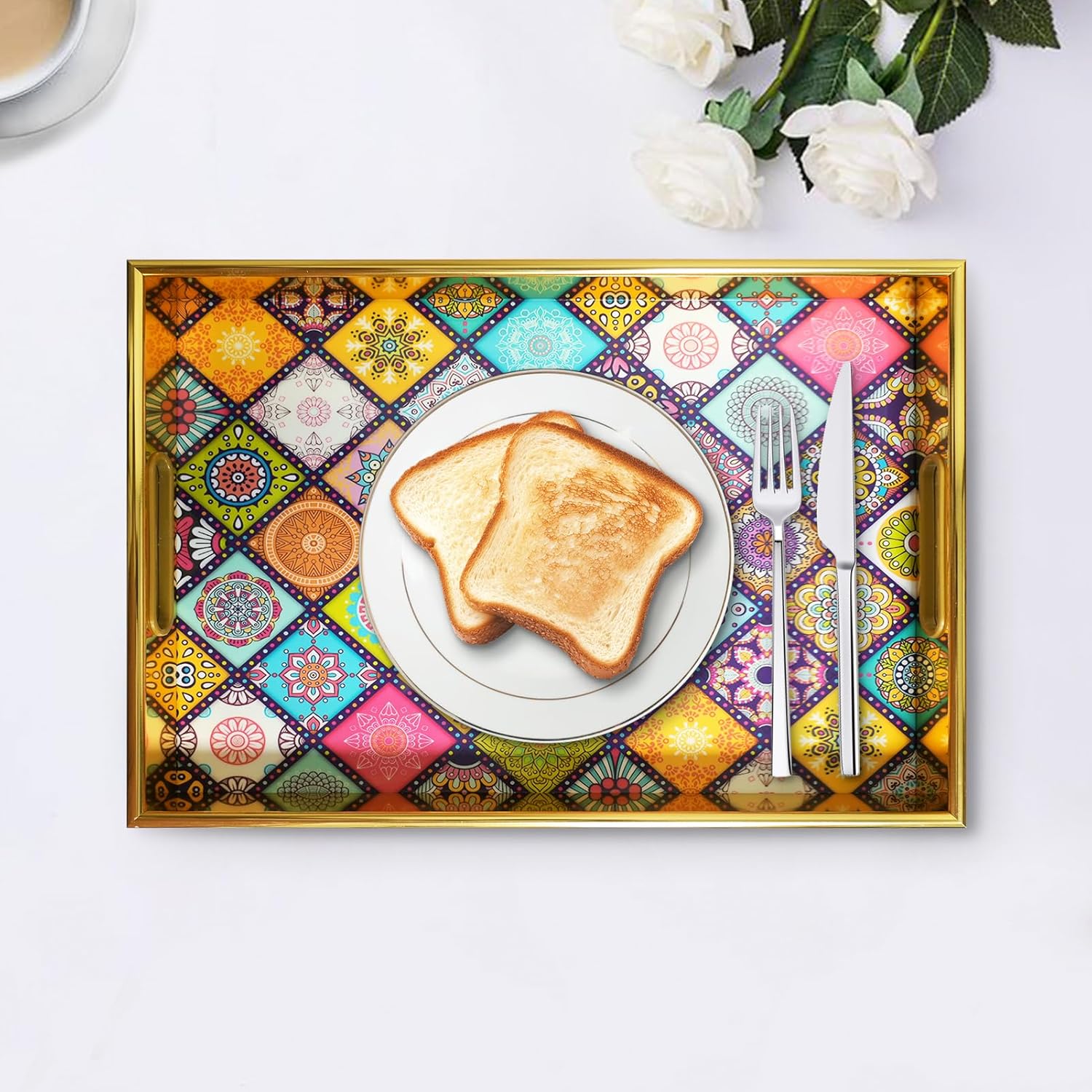 Colorful Floral Serving Tray with Handles, Plastic Decorative Tray, Rectangular Coffee Table Tray for Ottoman, Storage Trays for Bathroom, Living Room Decor - Image 6