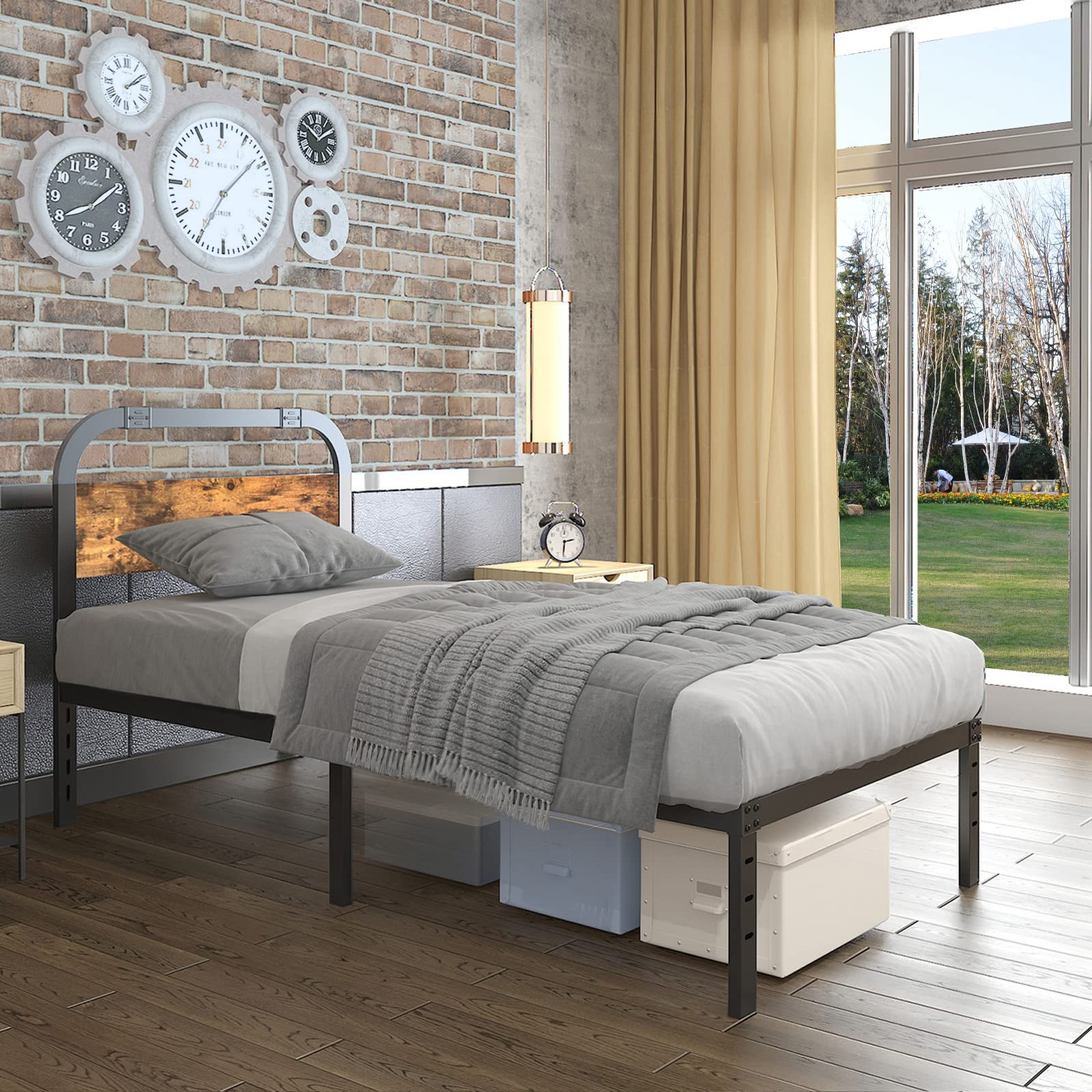 Buy Bed Frame Twin Size, BOSRII Rustic Platform Bed Frame Twin with Headboard, Heavy Duty Metal